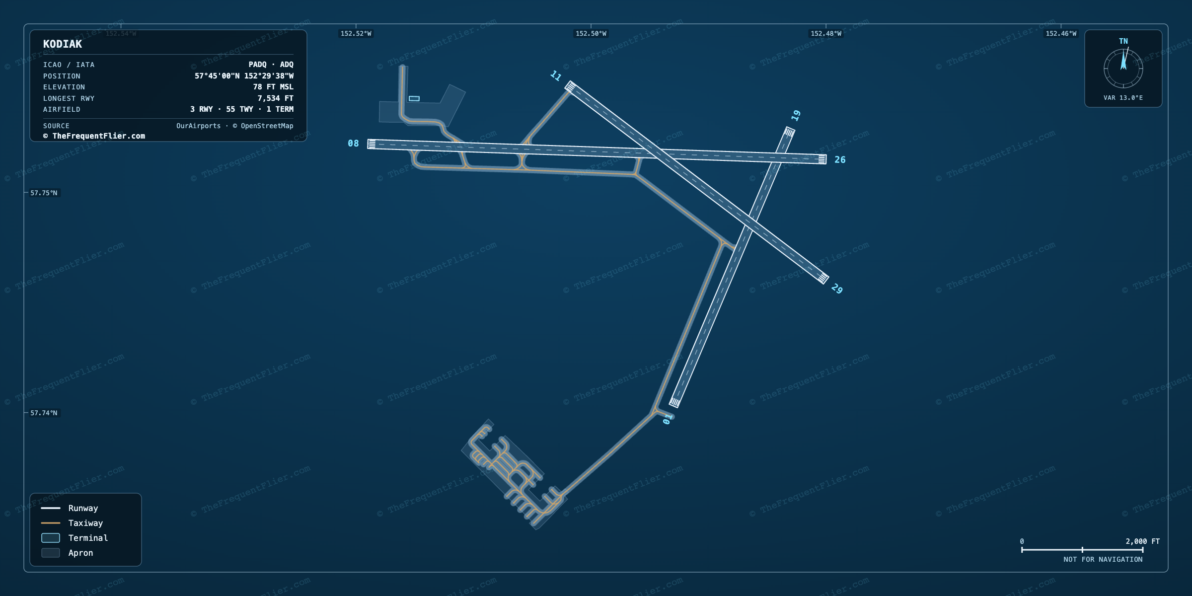 Kodiak (ADQ) airport diagram — runway and taxiway layout, drawn to scale