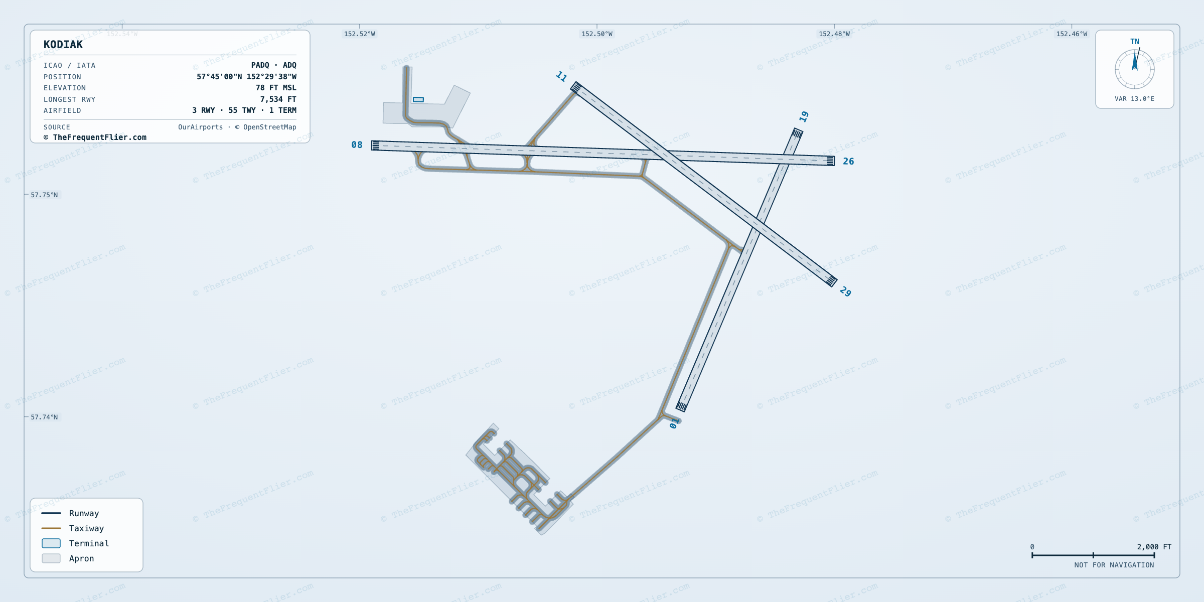 Kodiak (ADQ) airport diagram — runway and taxiway layout, drawn to scale