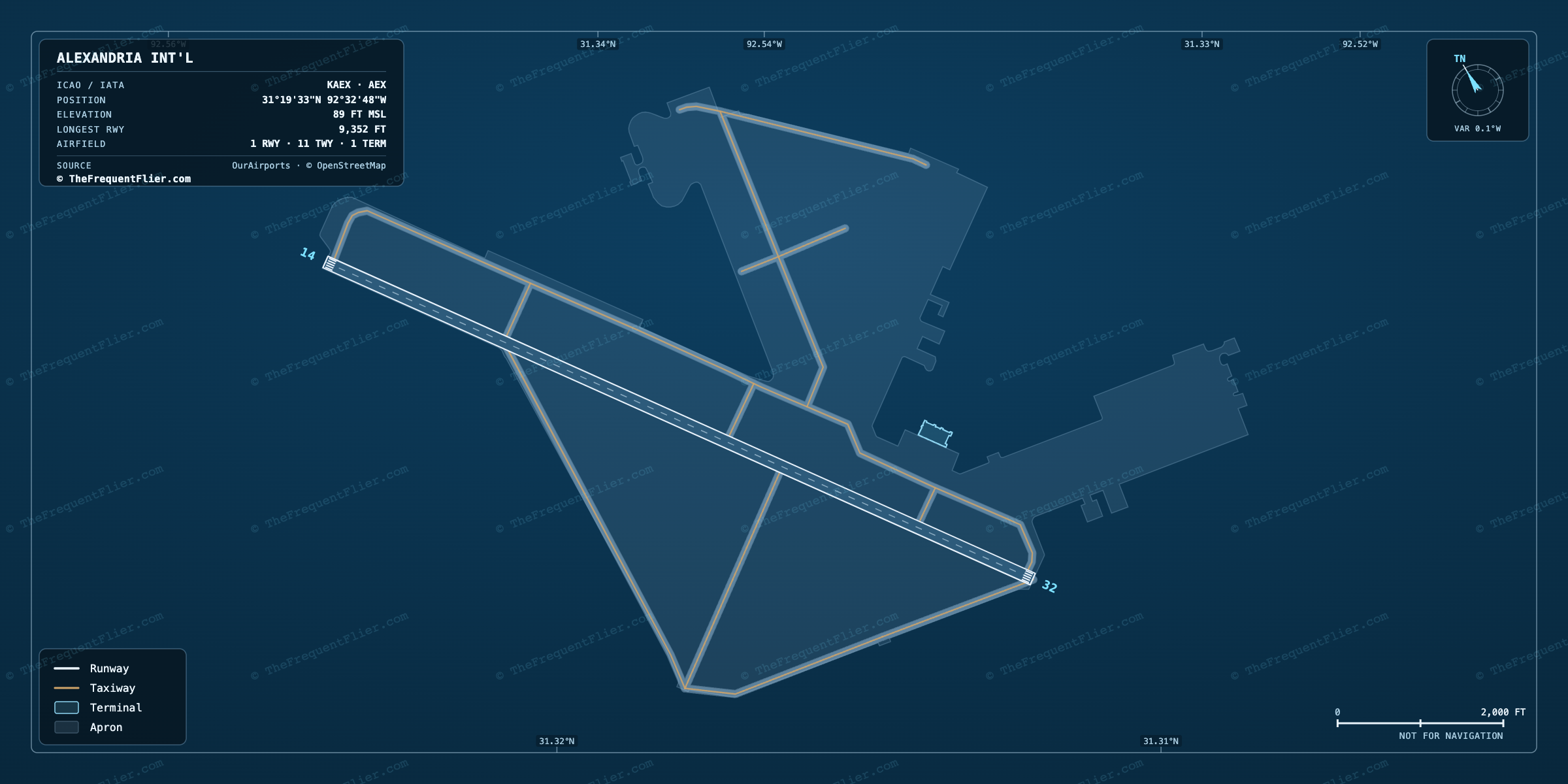 Alexandria Int'l (AEX) airport diagram — runway and taxiway layout, drawn to scale
