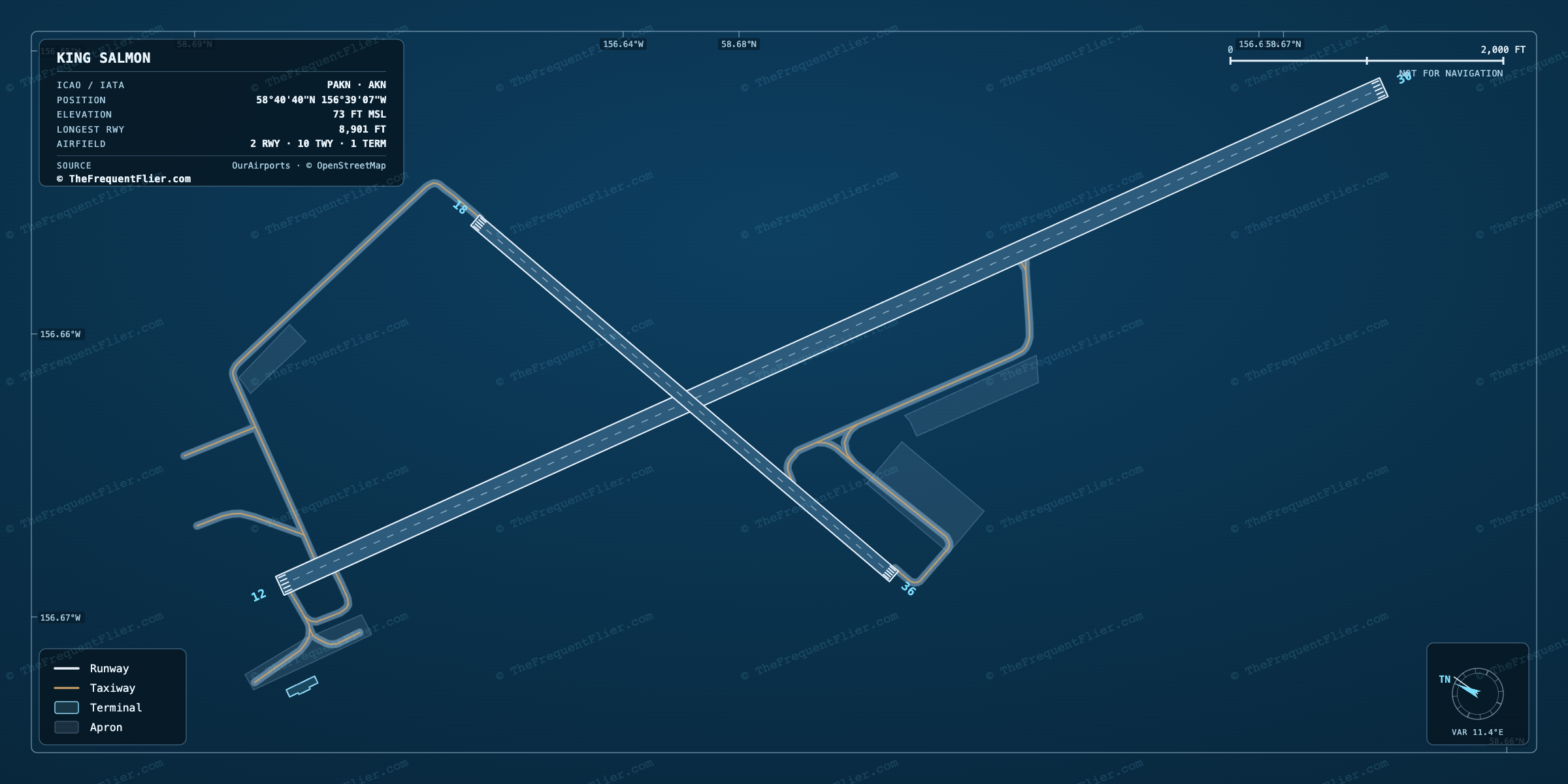 King Salmon (AKN) airport diagram — runway and taxiway layout, drawn to scale