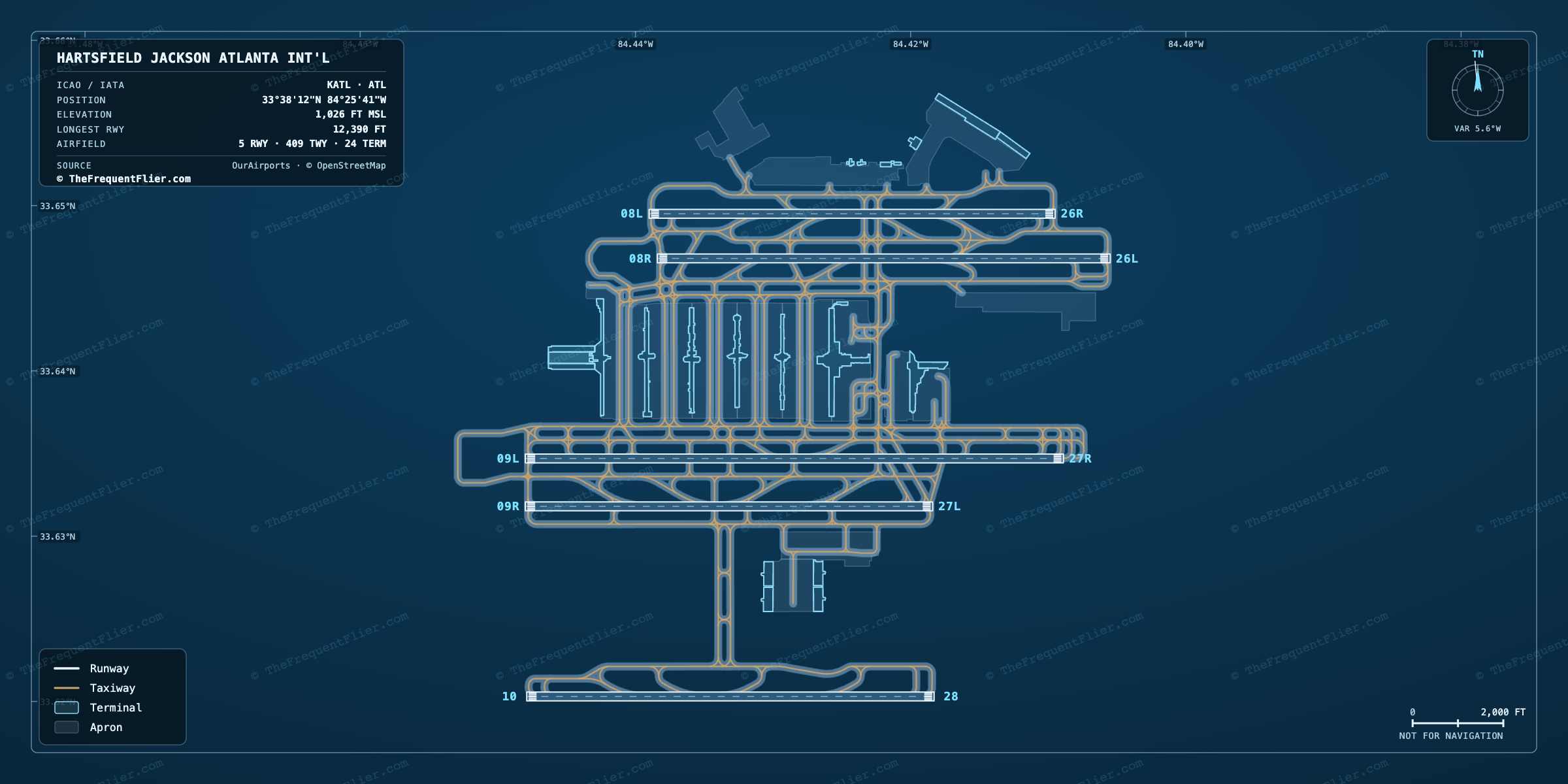 Hartsfield Jackson Atlanta Int'l (ATL) airport diagram — runway and taxiway layout, drawn to scale