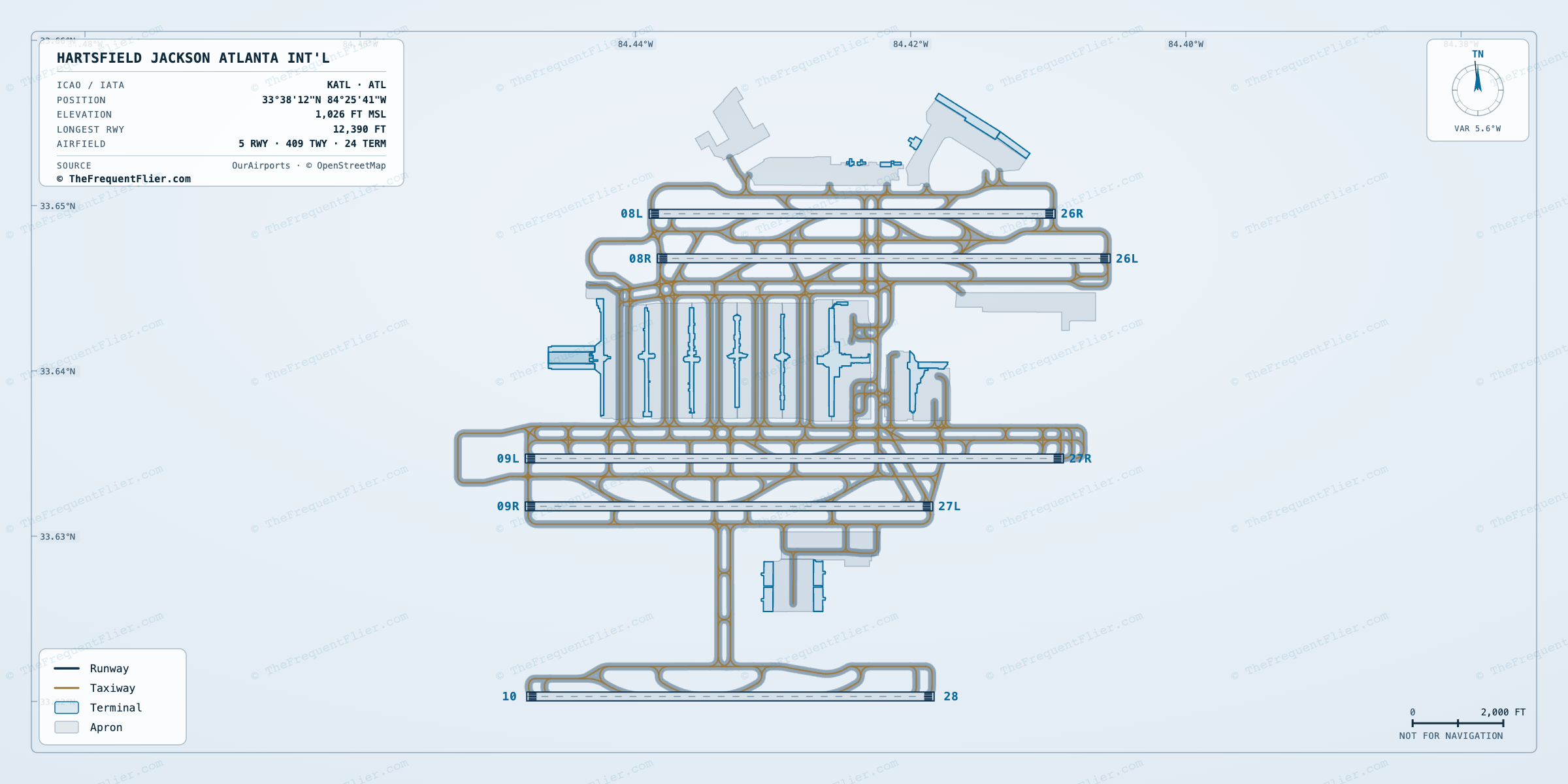 Hartsfield Jackson Atlanta Int'l (ATL) airport diagram — runway and taxiway layout, drawn to scale