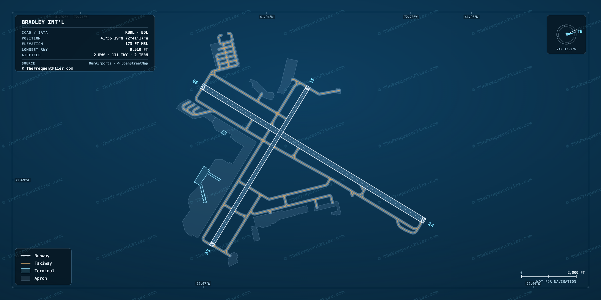Bradley Int'l (BDL) airport diagram — runway and taxiway layout, drawn to scale