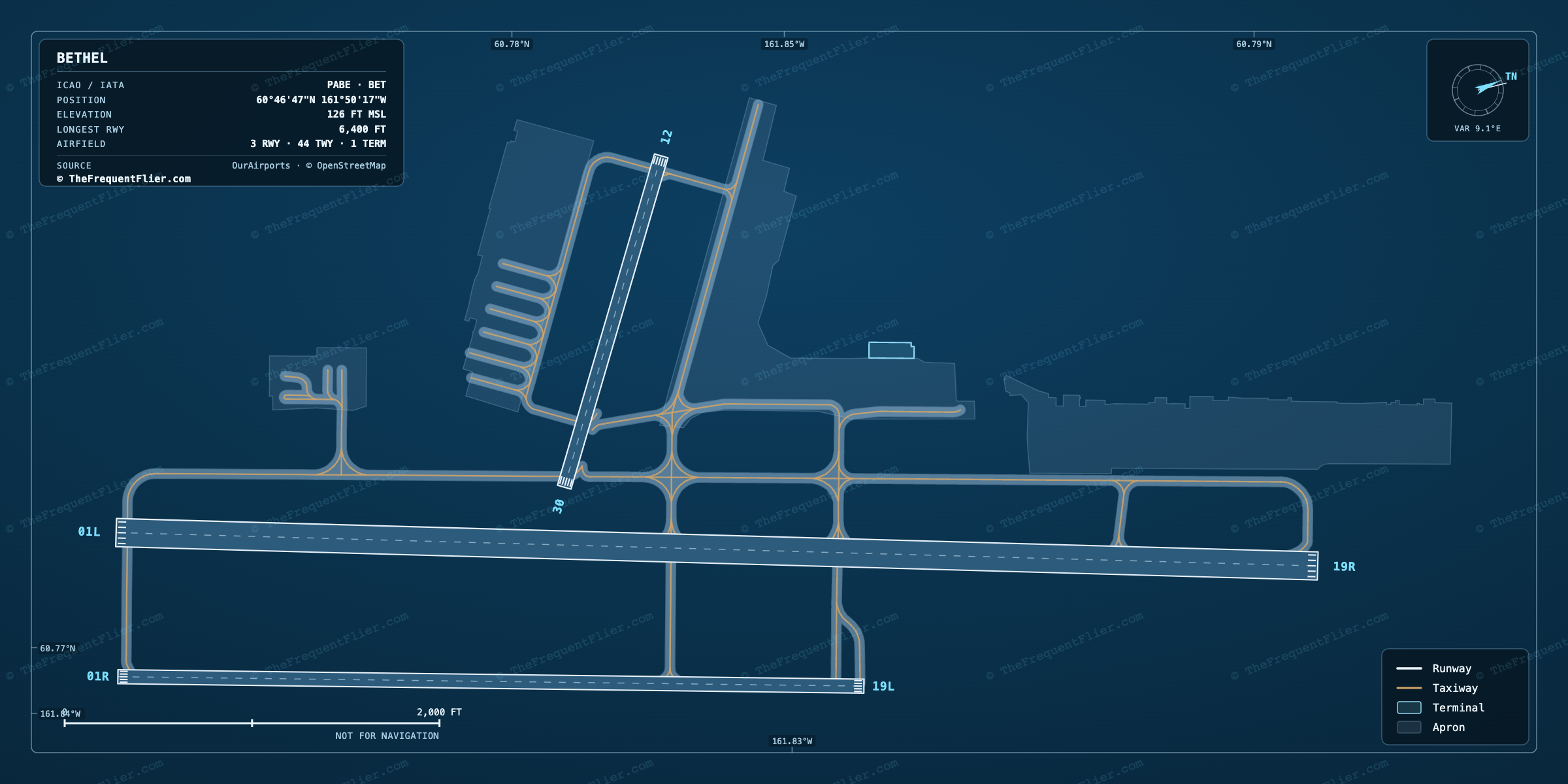 Bethel (BET) airport diagram — runway and taxiway layout, drawn to scale