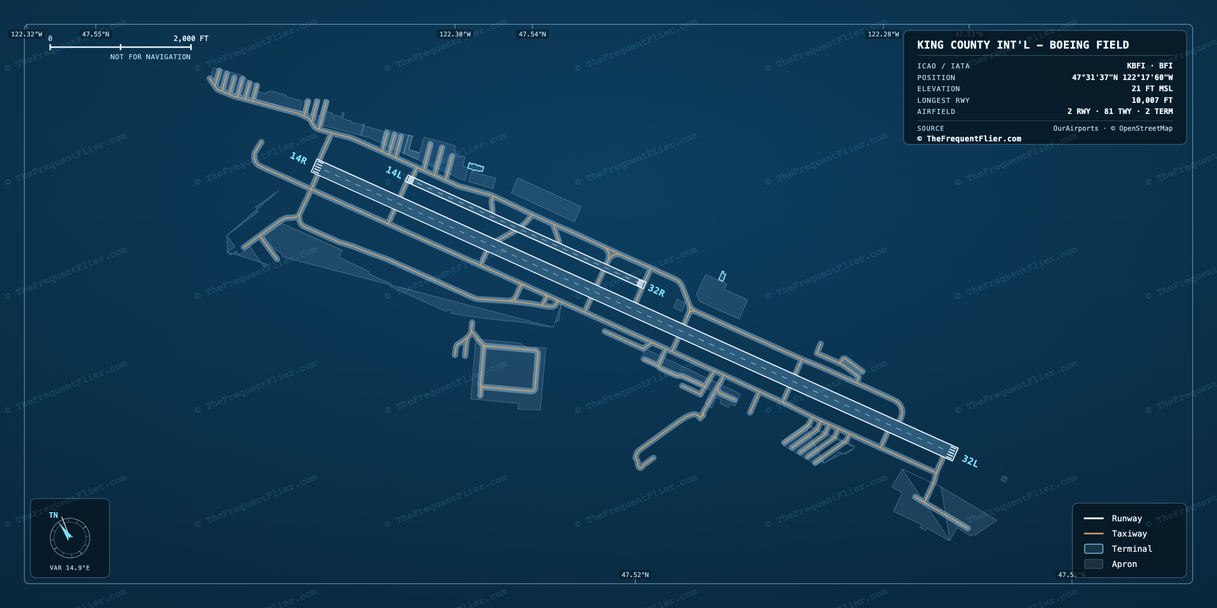 King County Int'l - Boeing Field (BFI) airport diagram — runway and taxiway layout, drawn to scale
