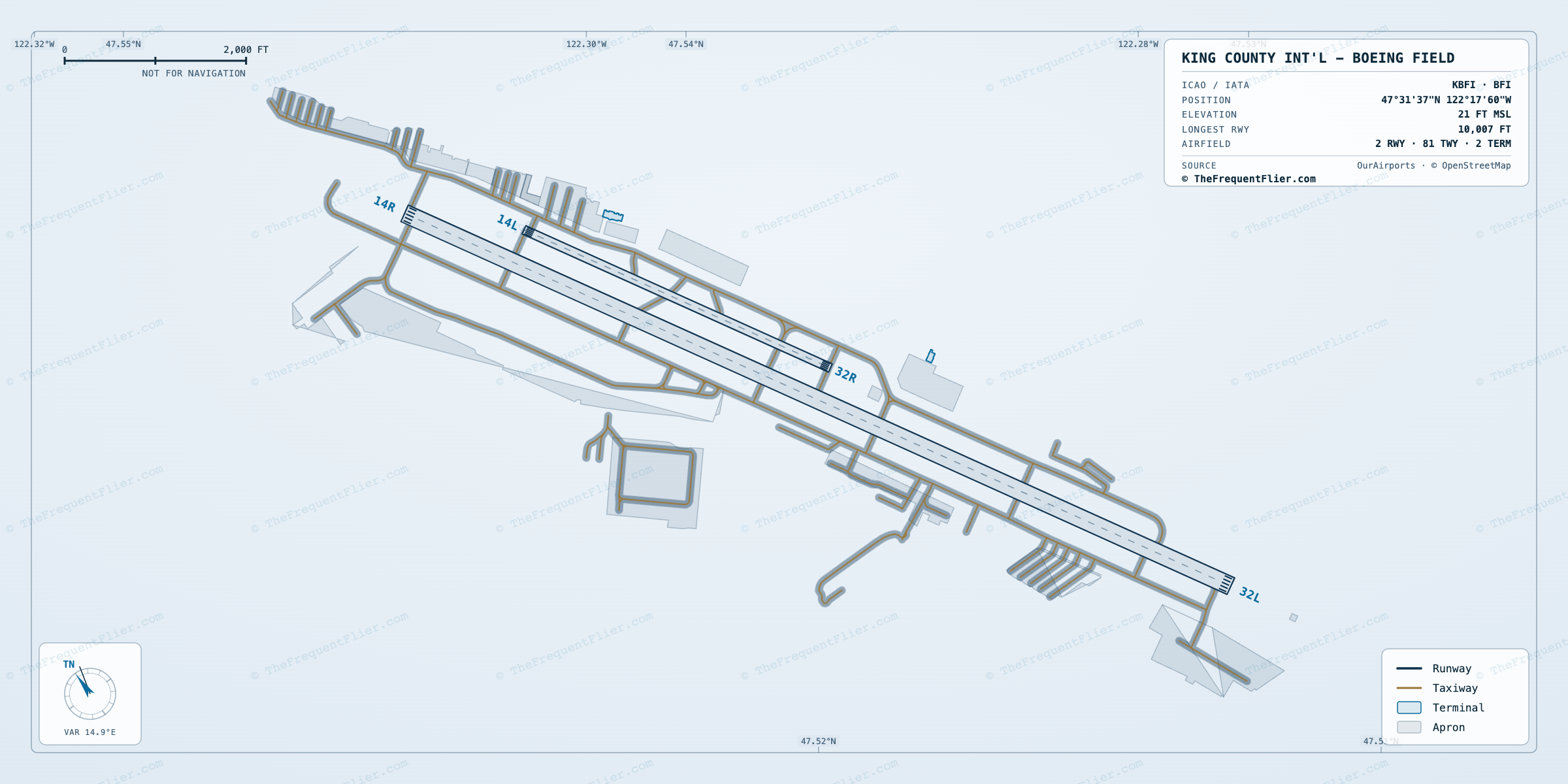 King County Int'l - Boeing Field (BFI) airport diagram — runway and taxiway layout, drawn to scale