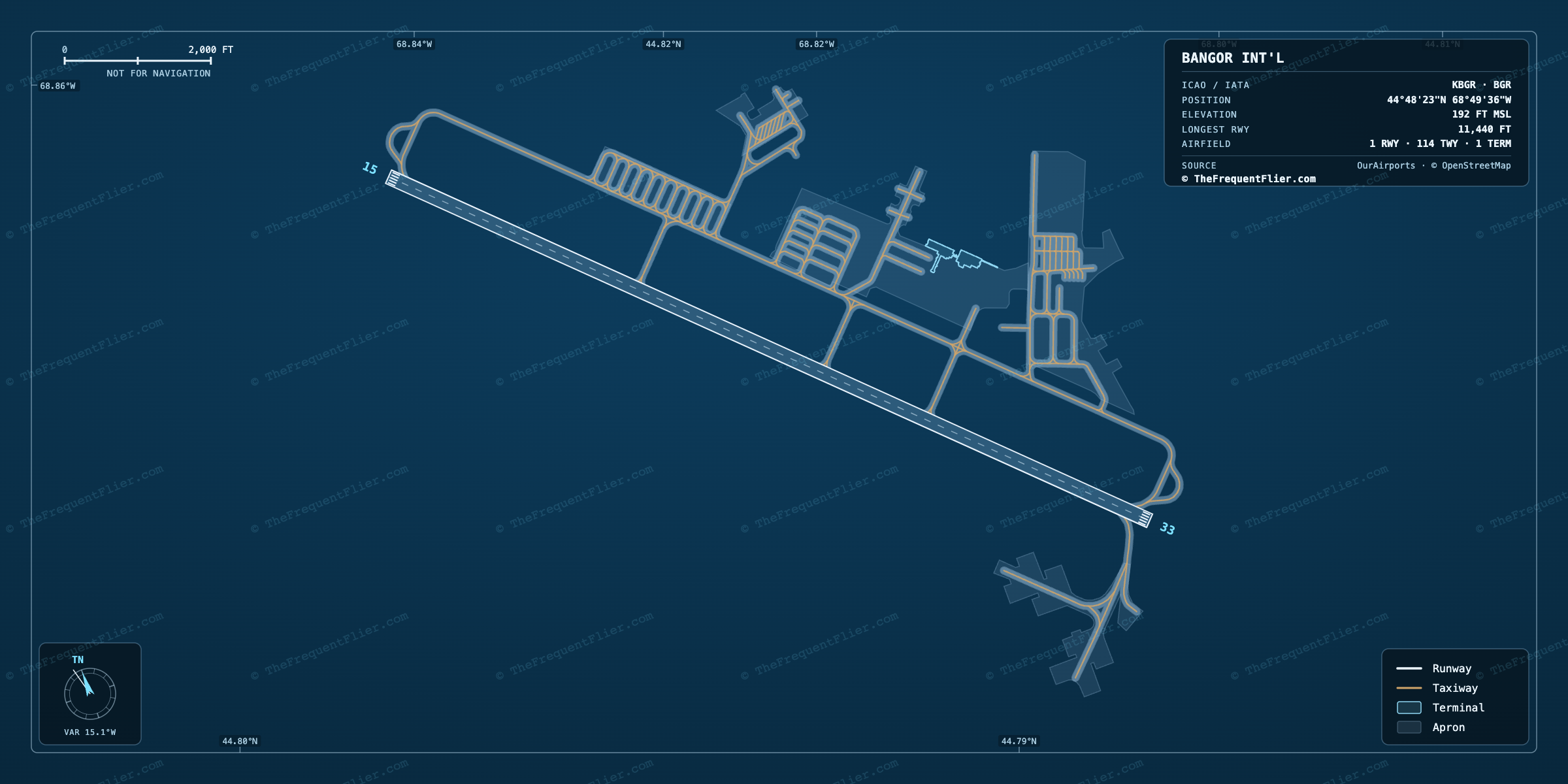 Bangor Int'l (BGR) airport diagram — runway and taxiway layout, drawn to scale