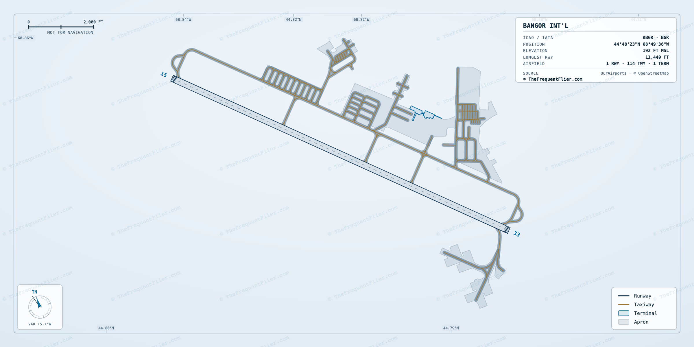 Bangor Int'l (BGR) airport diagram — runway and taxiway layout, drawn to scale