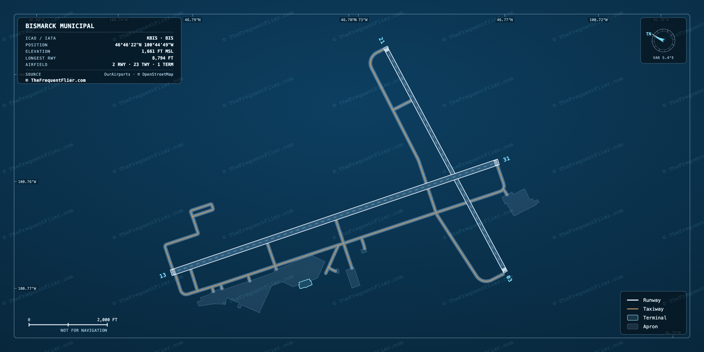 Bismarck Municipal (BIS) airport diagram — runway and taxiway layout, drawn to scale