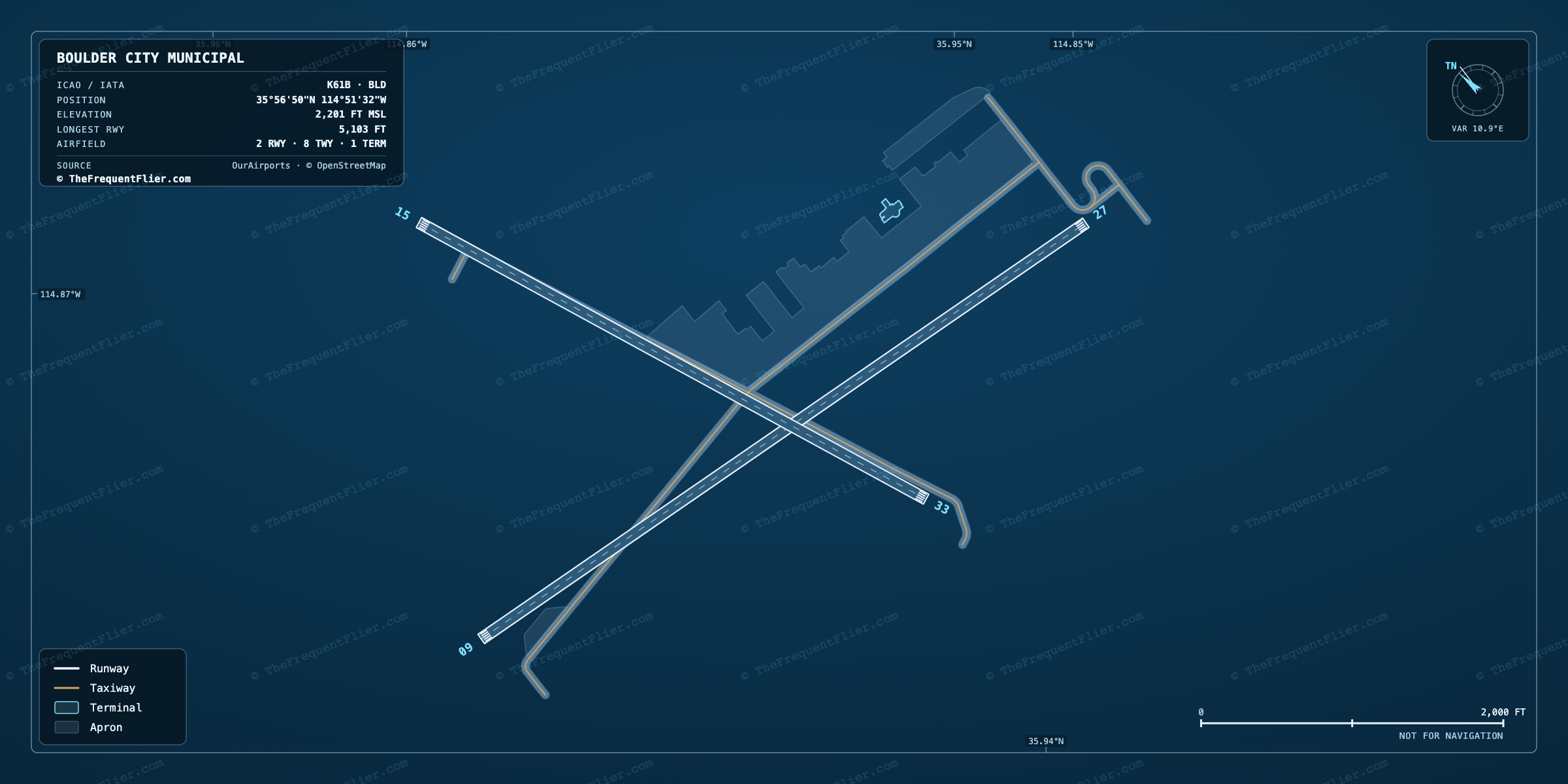 Boulder City Municipal (BLD) airport diagram — runway and taxiway layout, drawn to scale