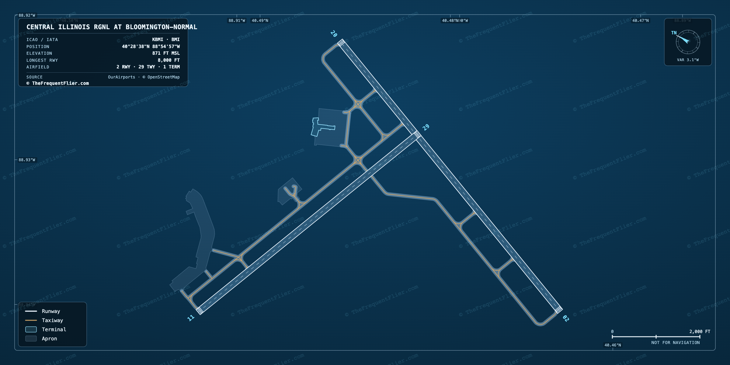 Central Illinois Rgnl at Bloomington-Normal (BMI) airport diagram — runway and taxiway layout, drawn to scale