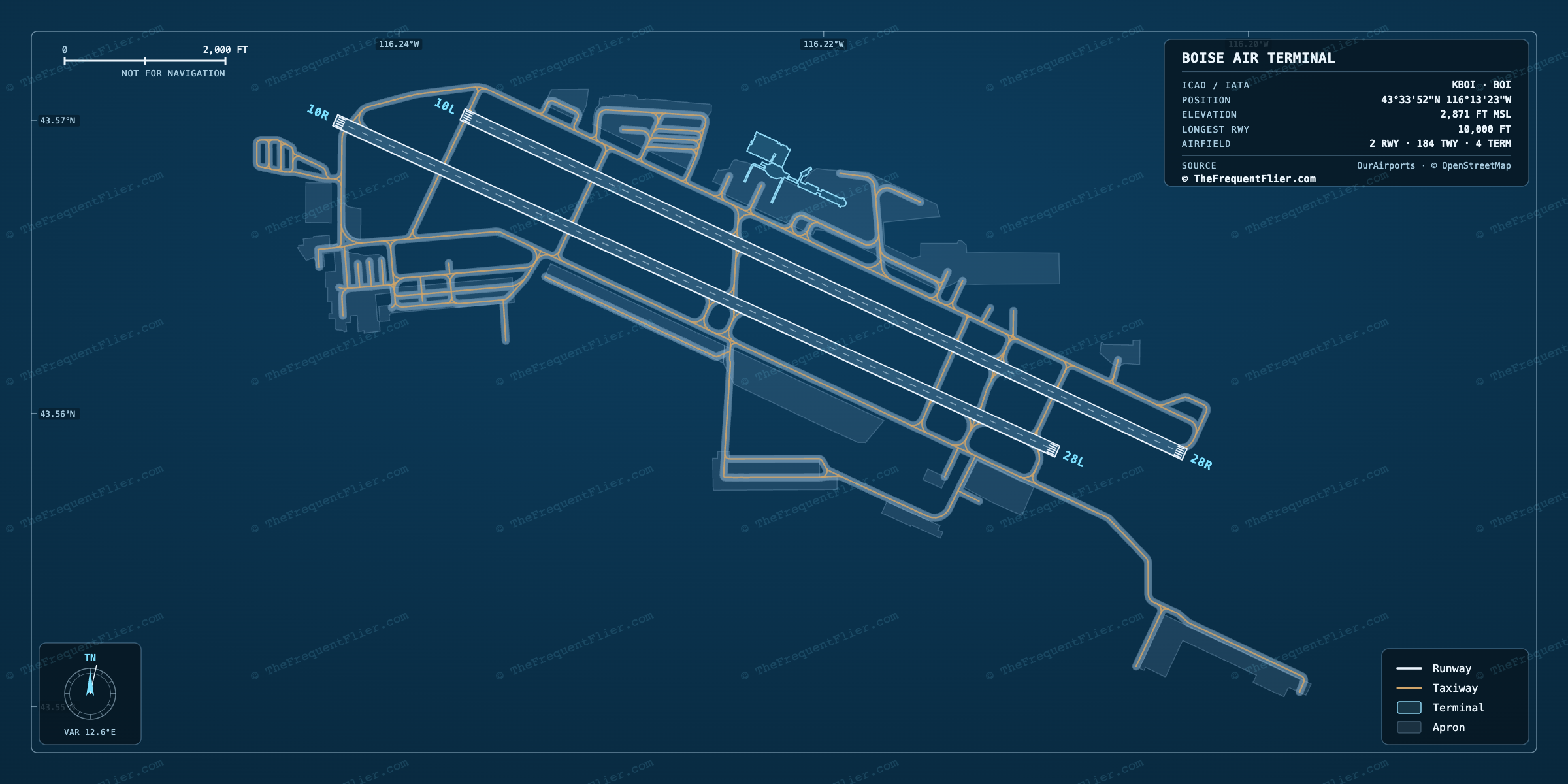 Boise Air Terminal (BOI) airport diagram — runway and taxiway layout, drawn to scale