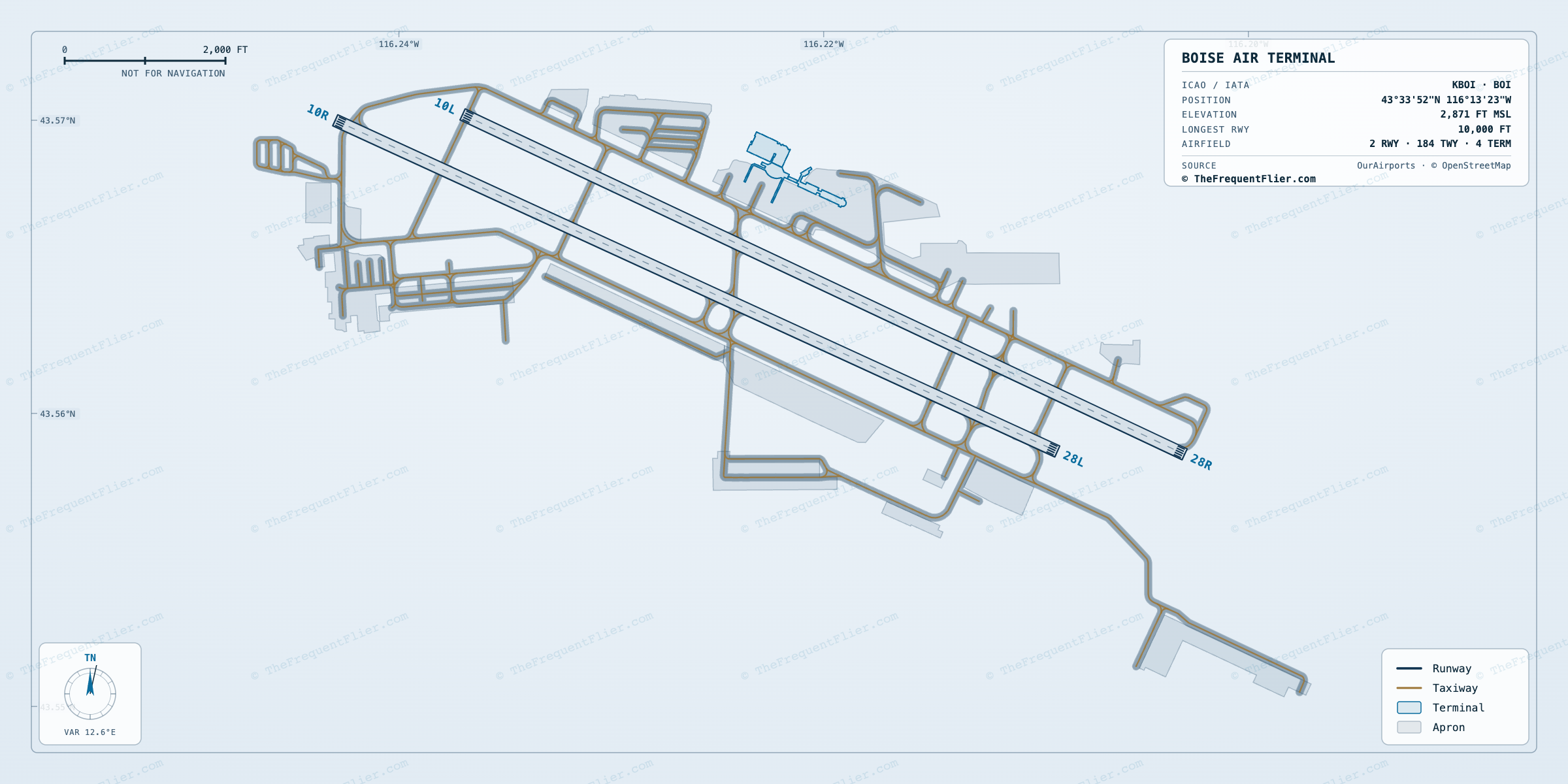 Boise Air Terminal (BOI) airport diagram — runway and taxiway layout, drawn to scale