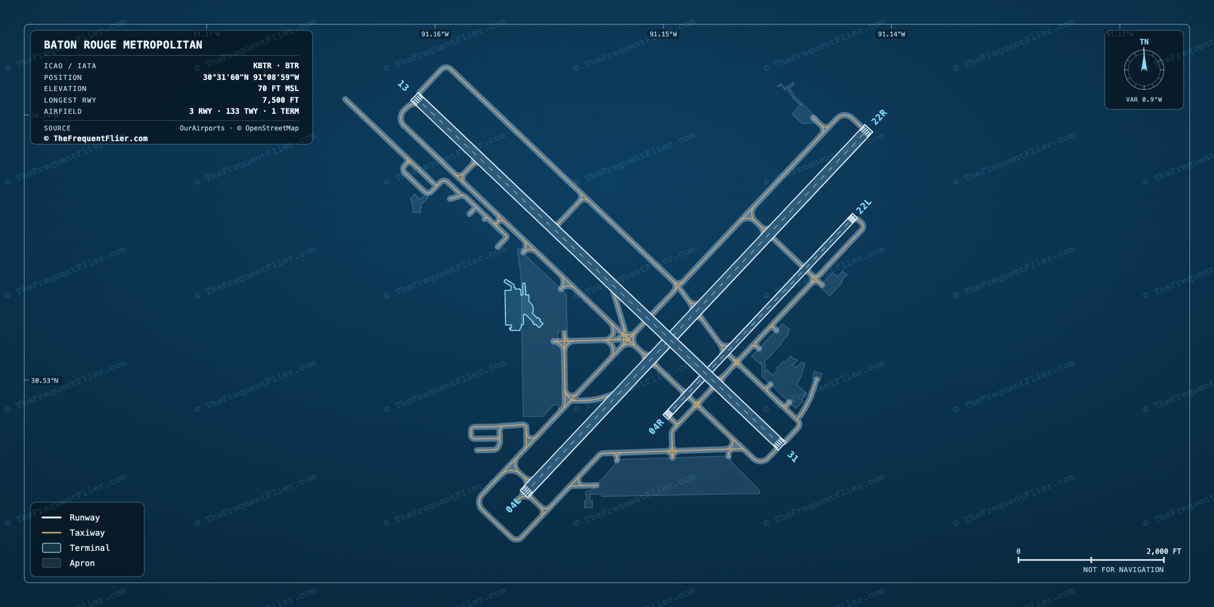 Baton Rouge Metropolitan (BTR) airport diagram — runway and taxiway layout, drawn to scale