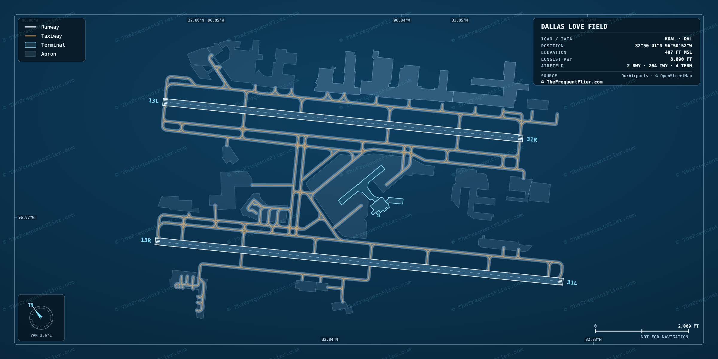 Dallas Love Field (DAL) airport diagram — runway and taxiway layout, drawn to scale