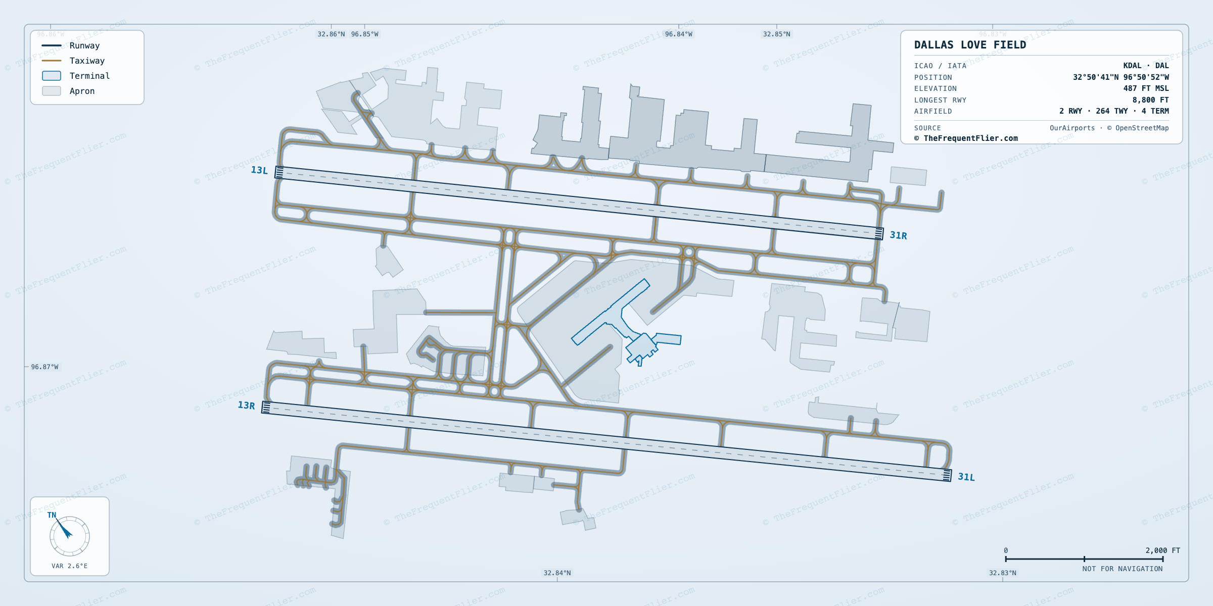 Dallas Love Field (DAL) airport diagram — runway and taxiway layout, drawn to scale