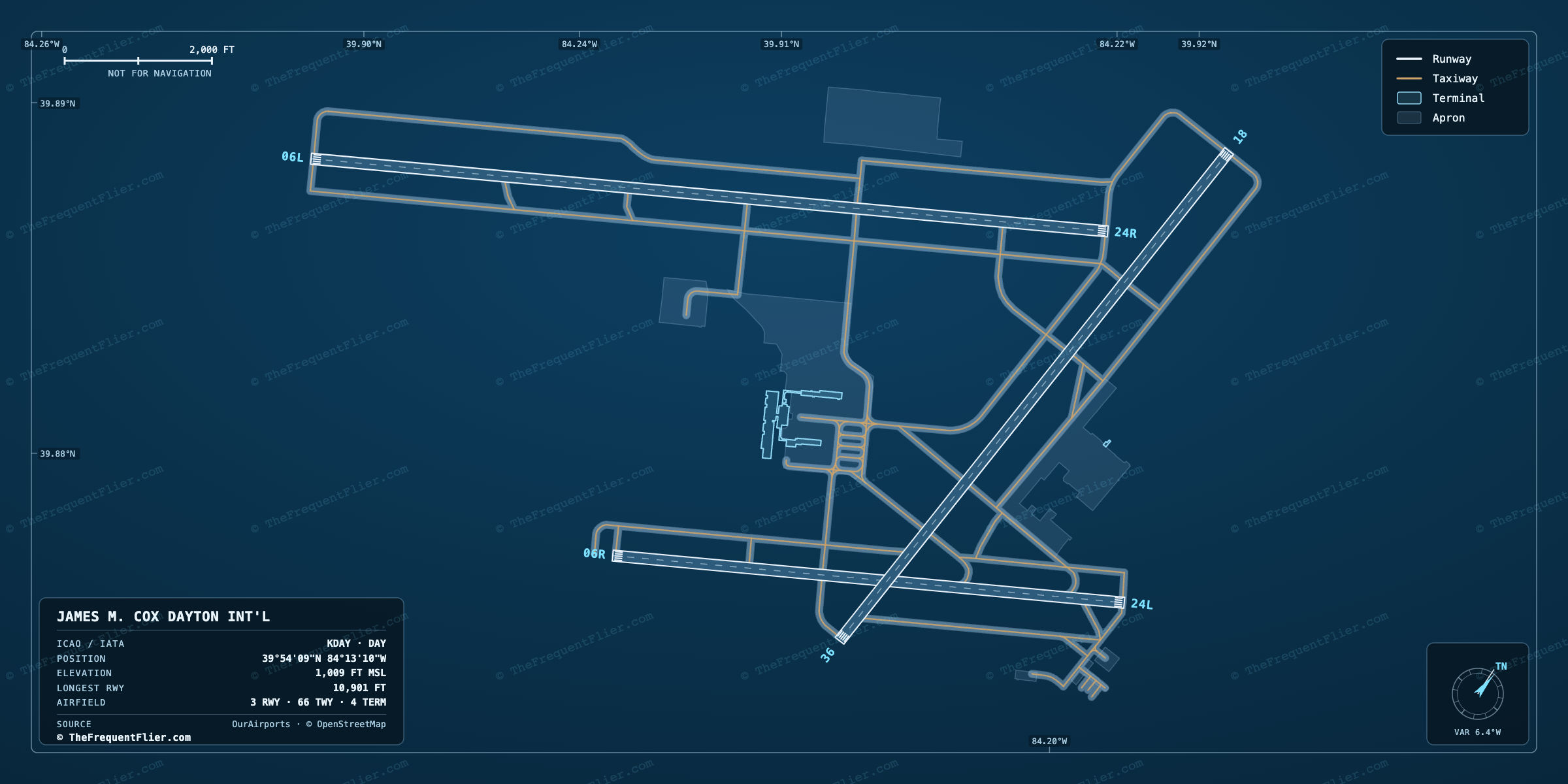 James M. Cox Dayton Int'l (DAY) airport diagram — runway and taxiway layout, drawn to scale