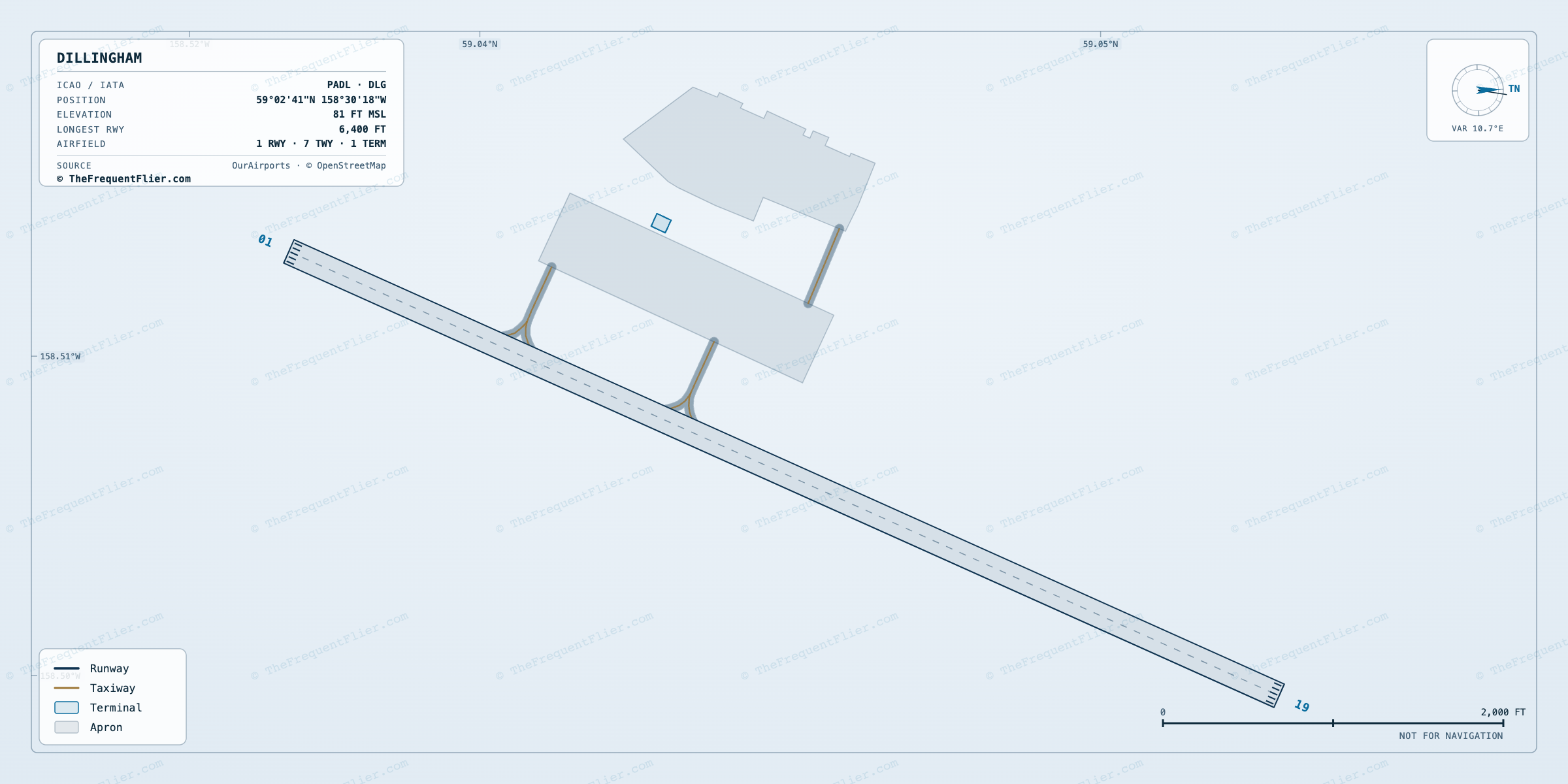 Dillingham (DLG) airport diagram — runway and taxiway layout, drawn to scale