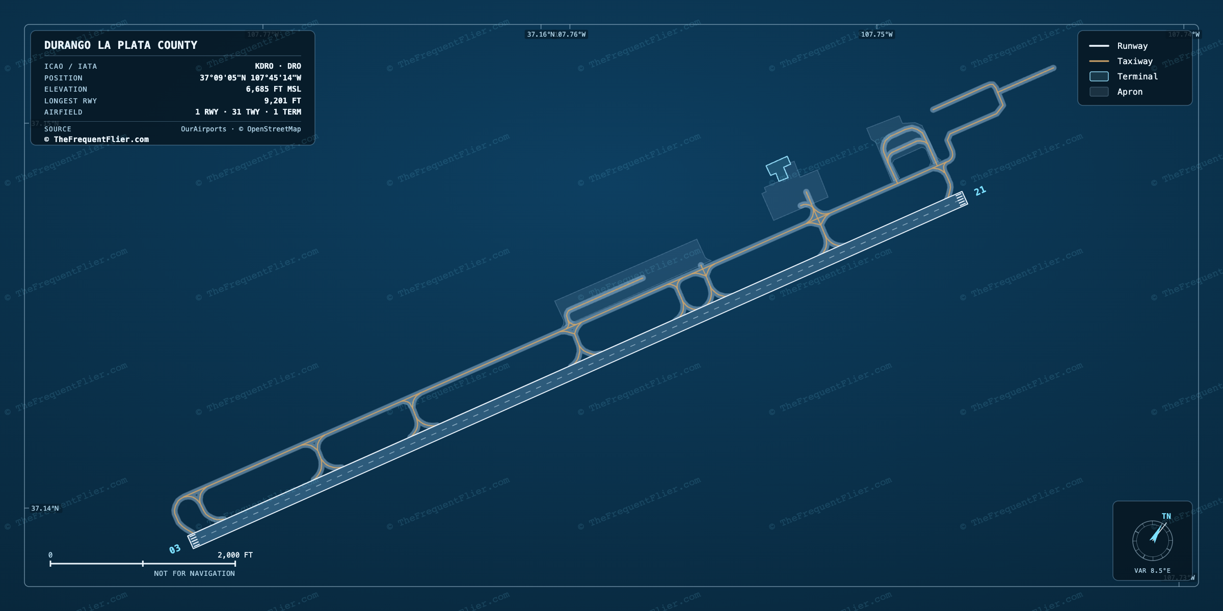Durango La Plata County (DRO) airport diagram — runway and taxiway layout, drawn to scale
