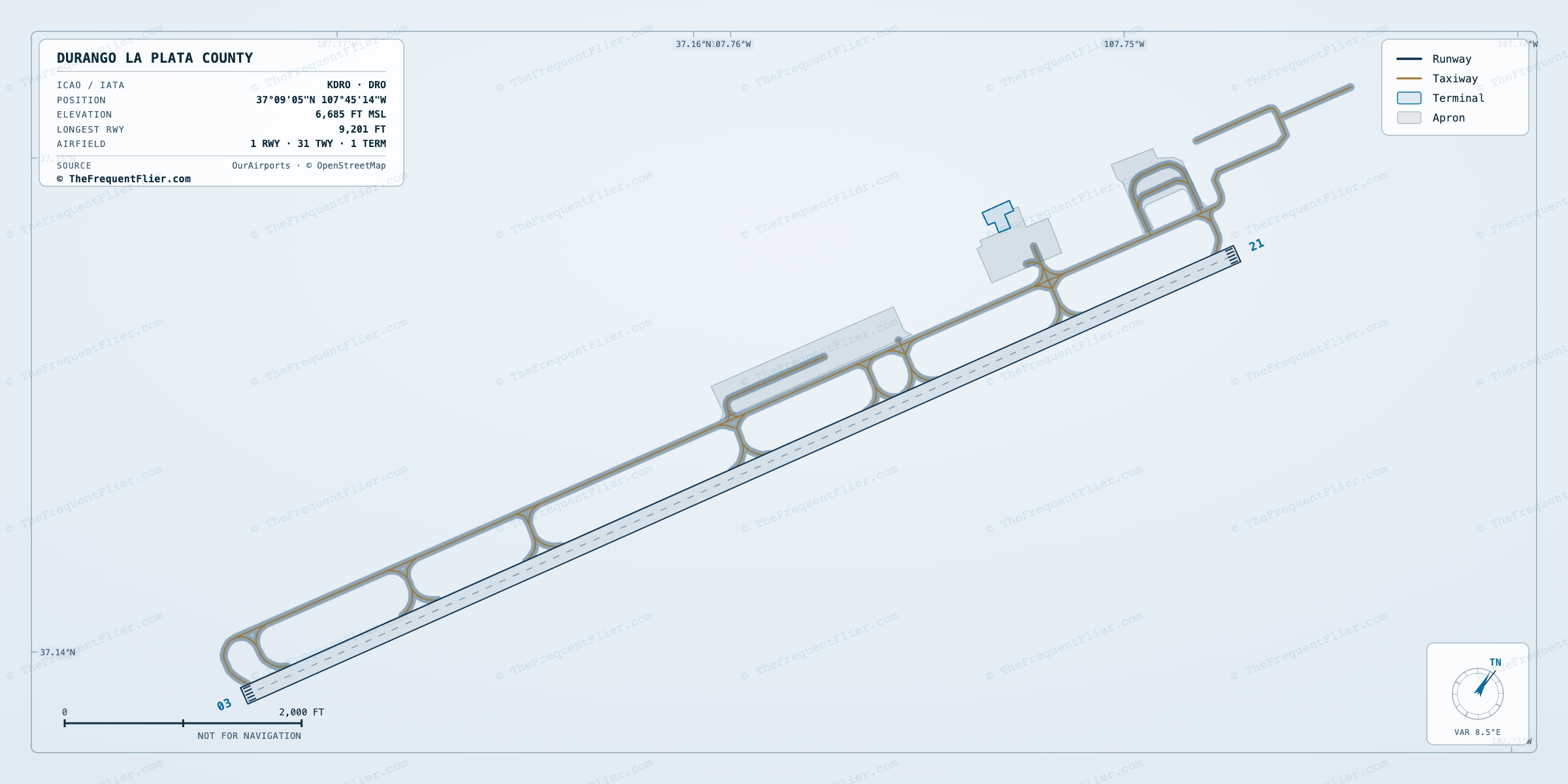 Durango La Plata County (DRO) airport diagram — runway and taxiway layout, drawn to scale