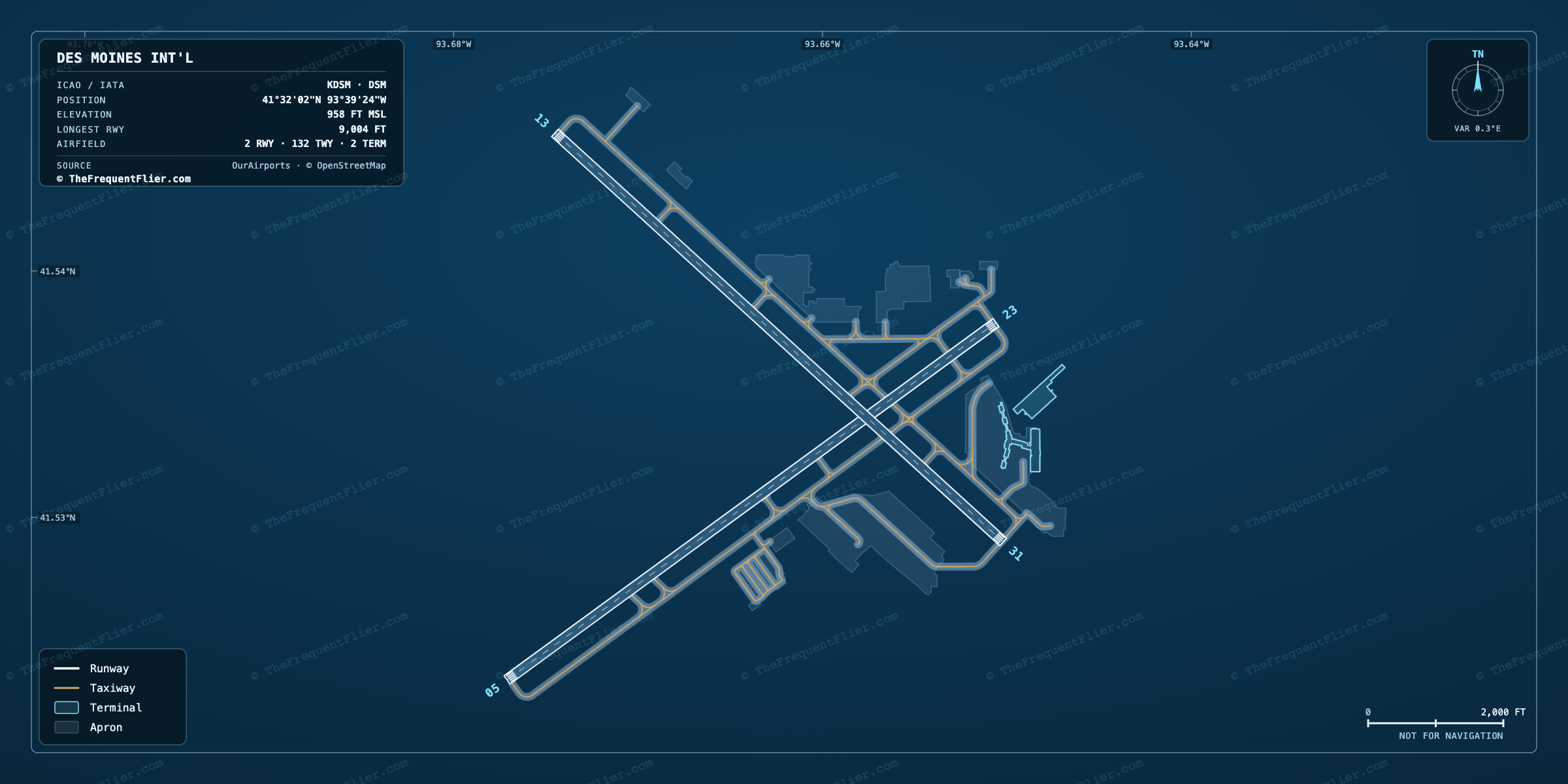Des Moines Int'l (DSM) airport diagram — runway and taxiway layout, drawn to scale