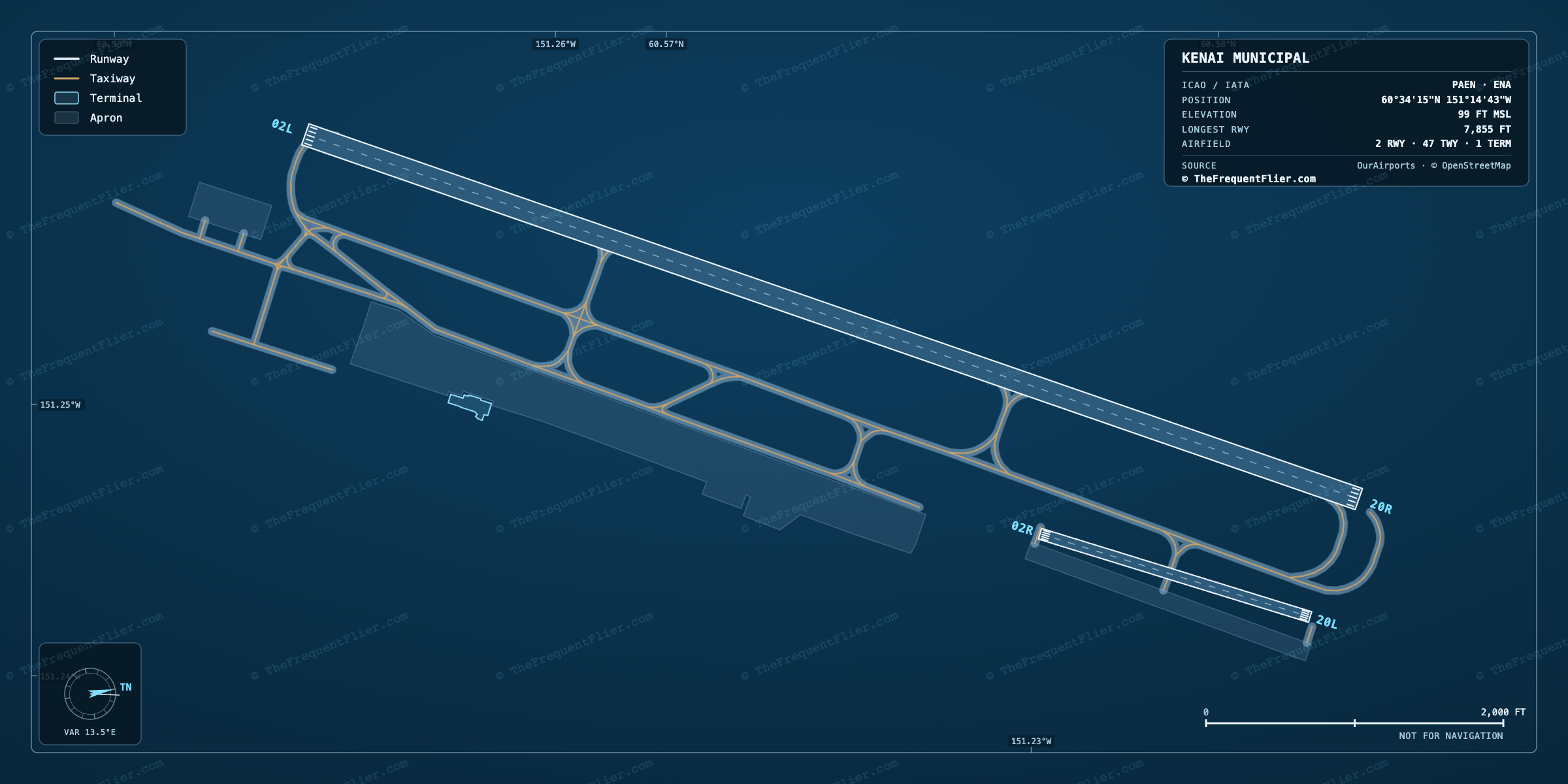 Kenai Municipal (ENA) airport diagram — runway and taxiway layout, drawn to scale