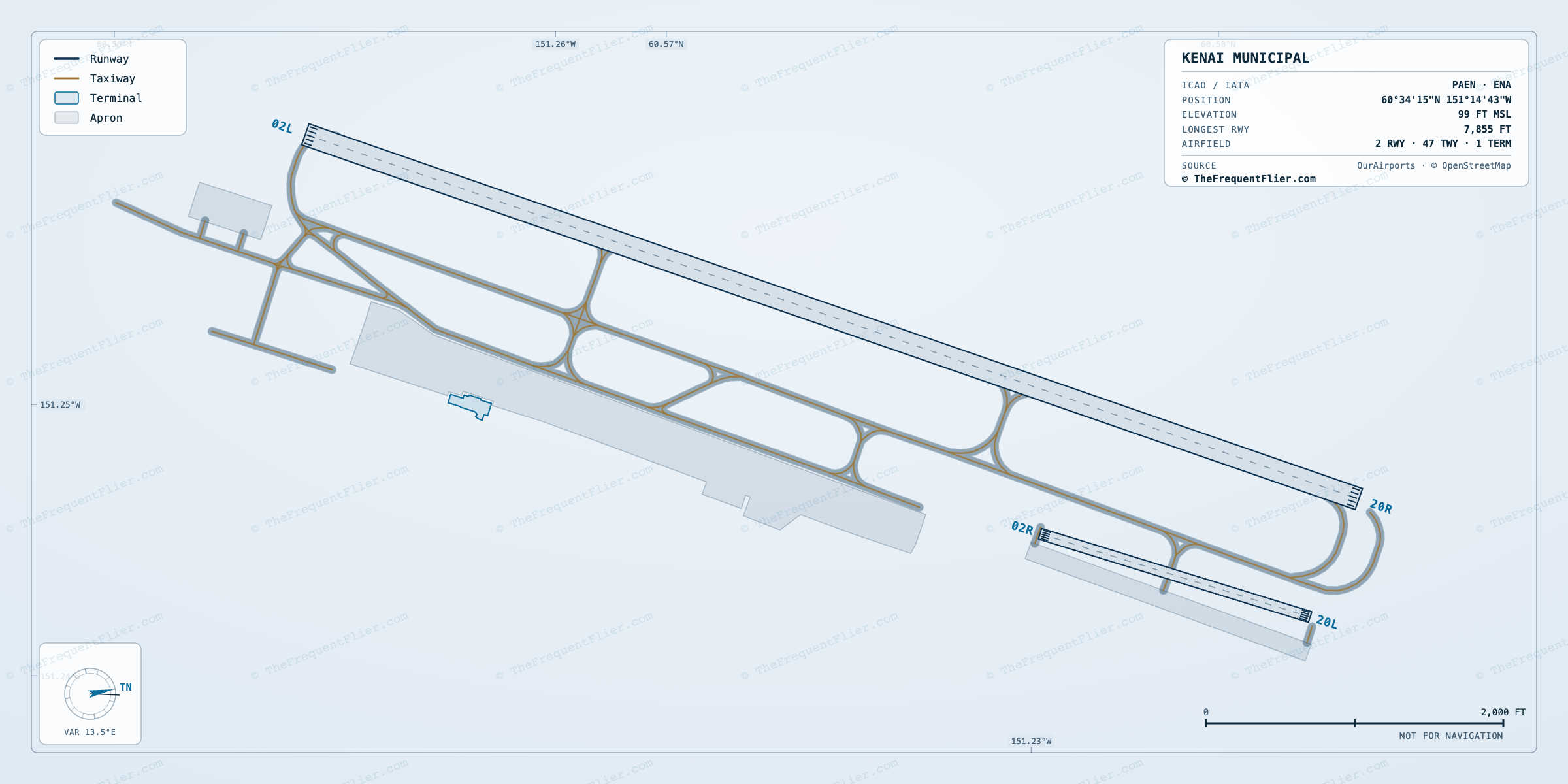 Kenai Municipal (ENA) airport diagram — runway and taxiway layout, drawn to scale