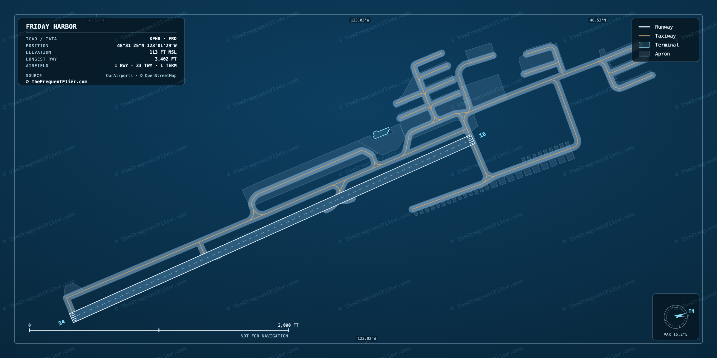 Friday Harbor (FRD) airport diagram — runway and taxiway layout, drawn to scale
