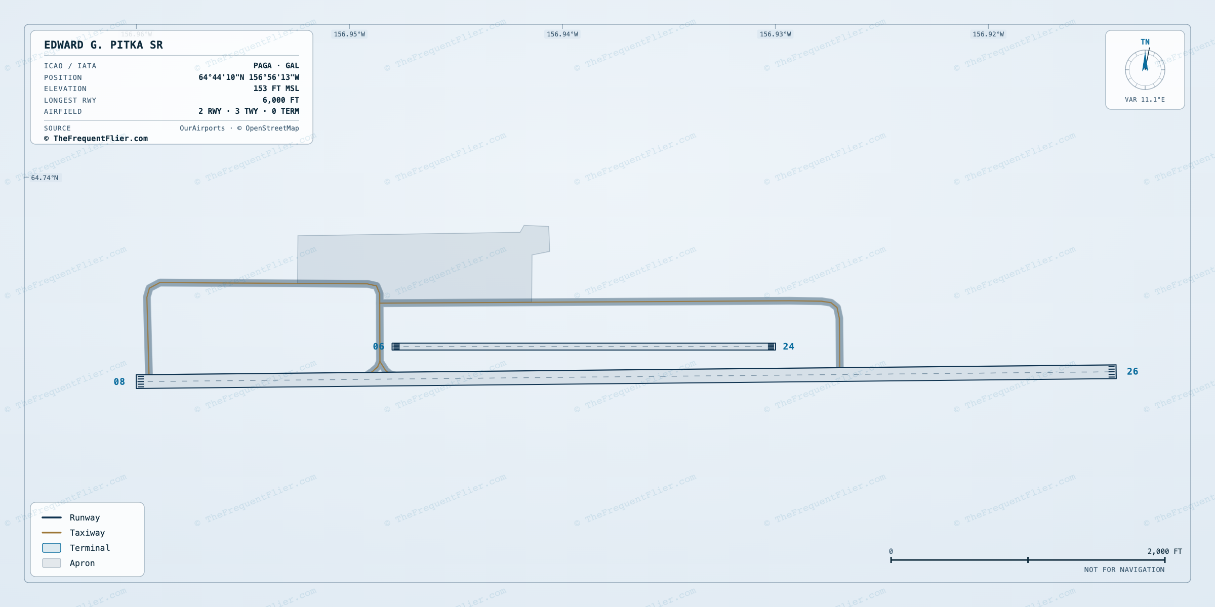 Edward G. Pitka Sr (GAL) airport diagram — runway and taxiway layout, drawn to scale