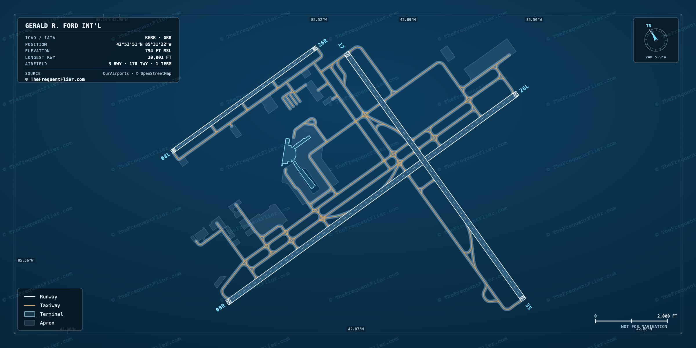 Gerald R. Ford Int'l (GRR) airport diagram — runway and taxiway layout, drawn to scale