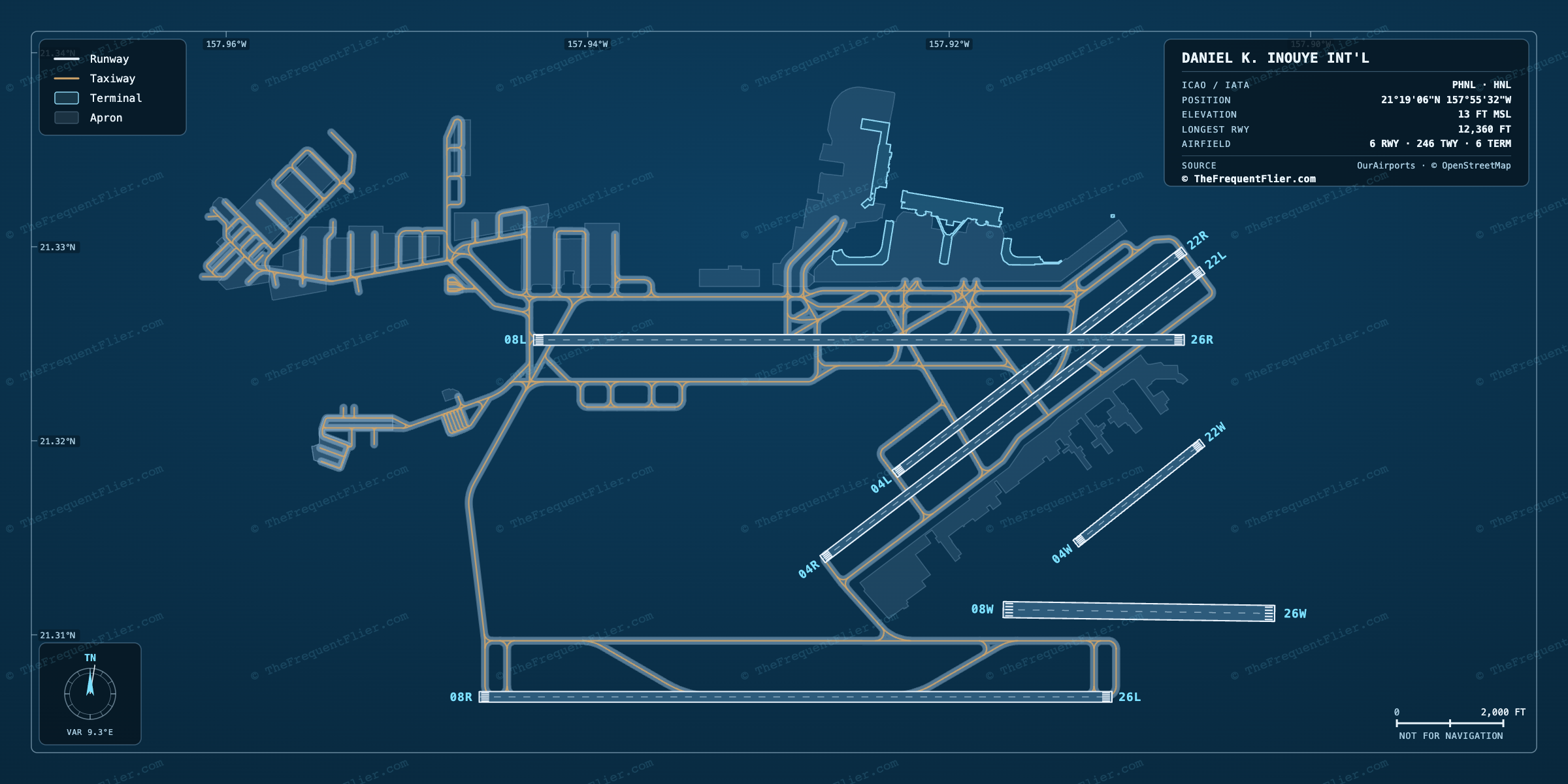 Daniel K. Inouye Int'l (HNL) airport diagram — runway and taxiway layout, drawn to scale