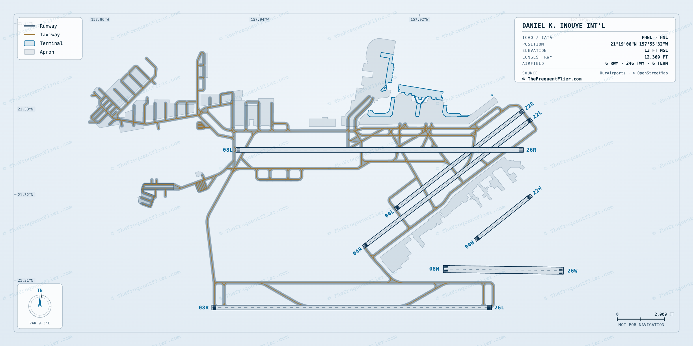 Daniel K. Inouye Int'l (HNL) airport diagram — runway and taxiway layout, drawn to scale