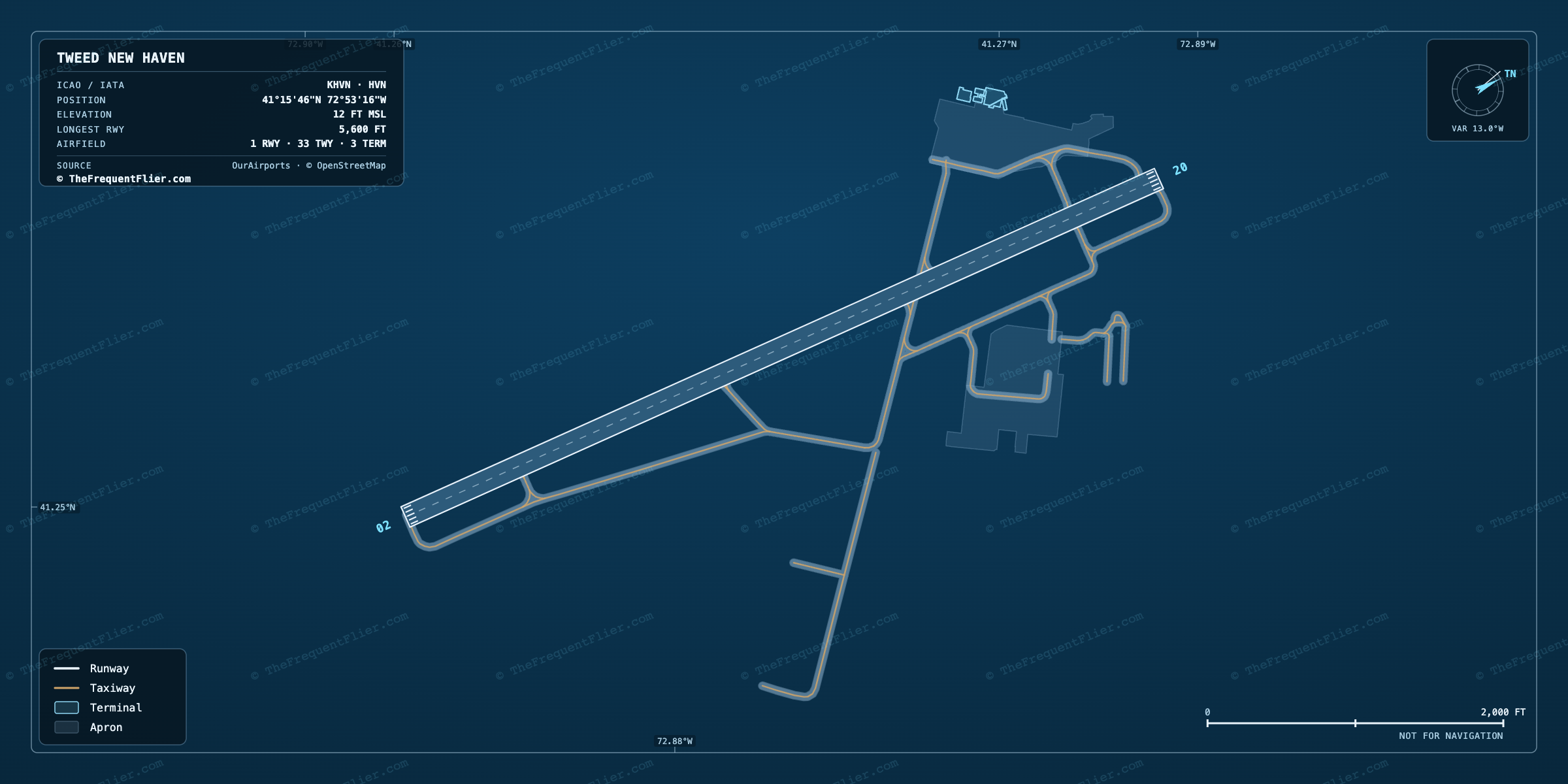 Tweed New Haven (HVN) airport diagram — runway and taxiway layout, drawn to scale