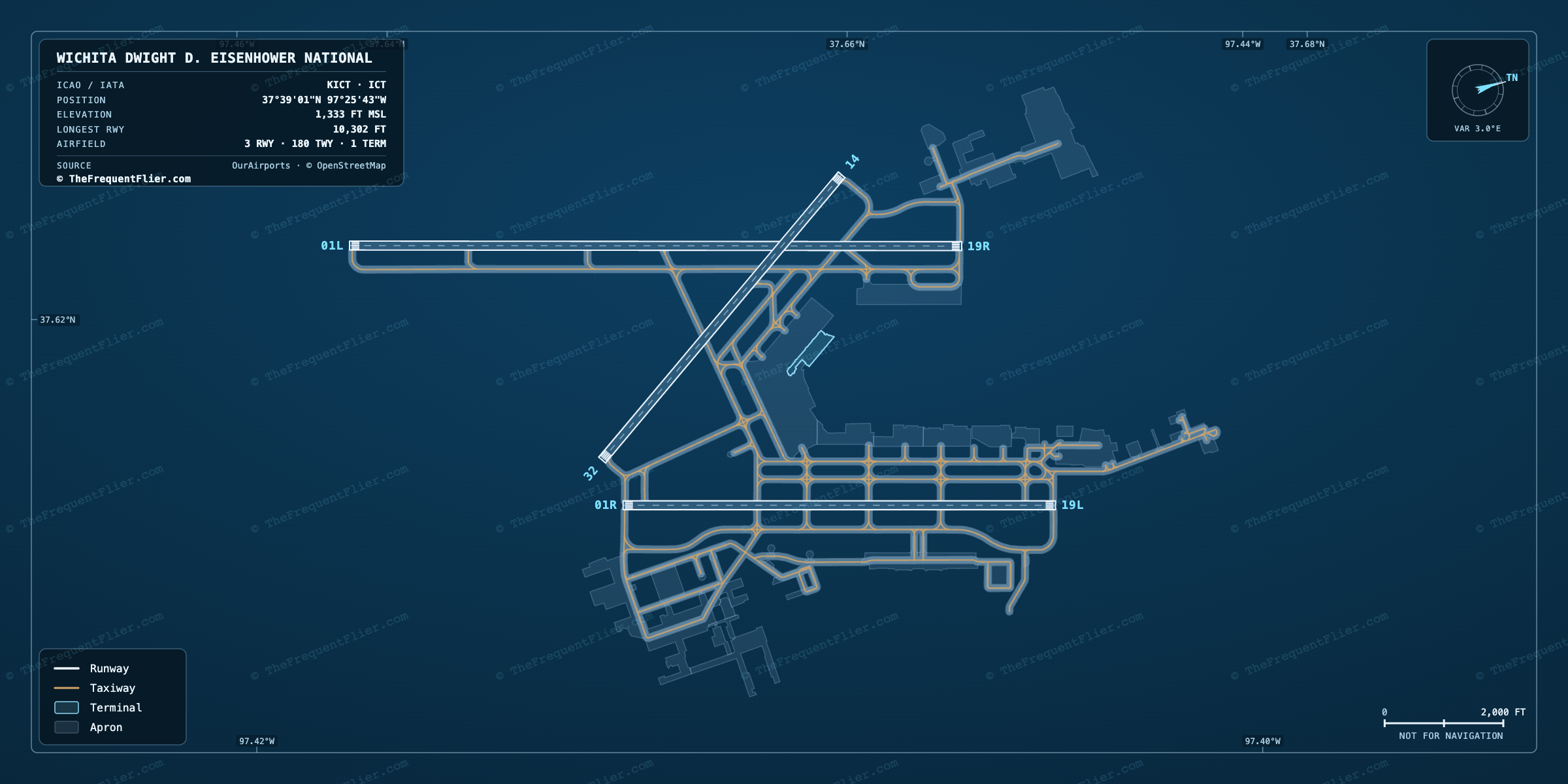 Wichita Dwight D. Eisenhower National (ICT) airport diagram — runway and taxiway layout, drawn to scale