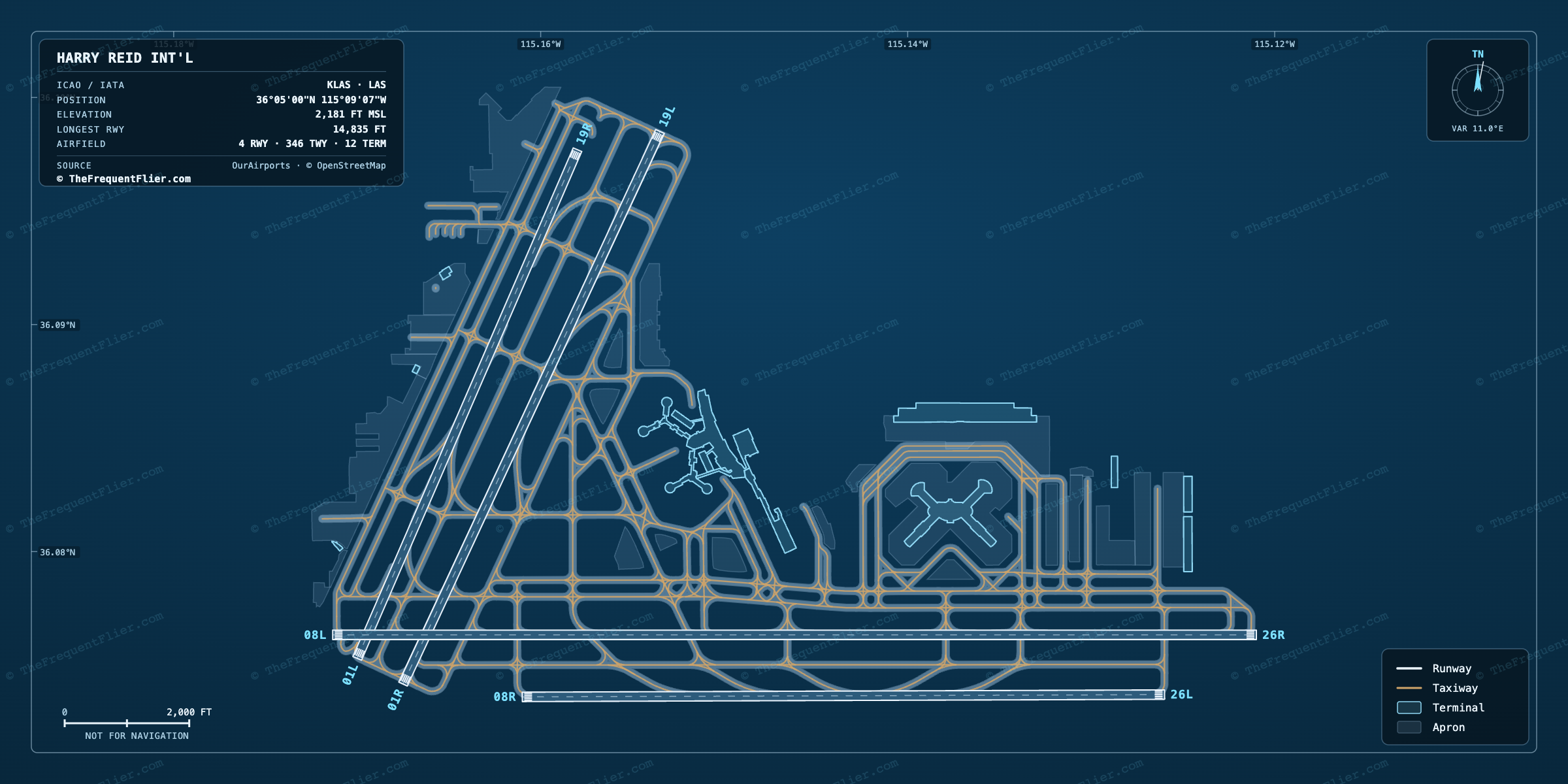 Harry Reid Int'l (LAS) airport diagram — runway and taxiway layout, drawn to scale