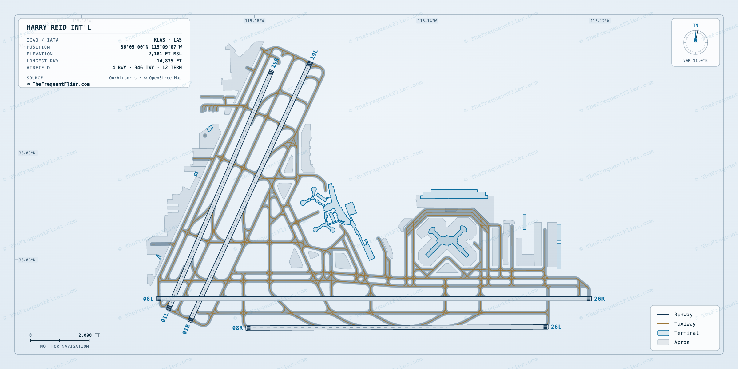 Harry Reid Int'l (LAS) airport diagram — runway and taxiway layout, drawn to scale