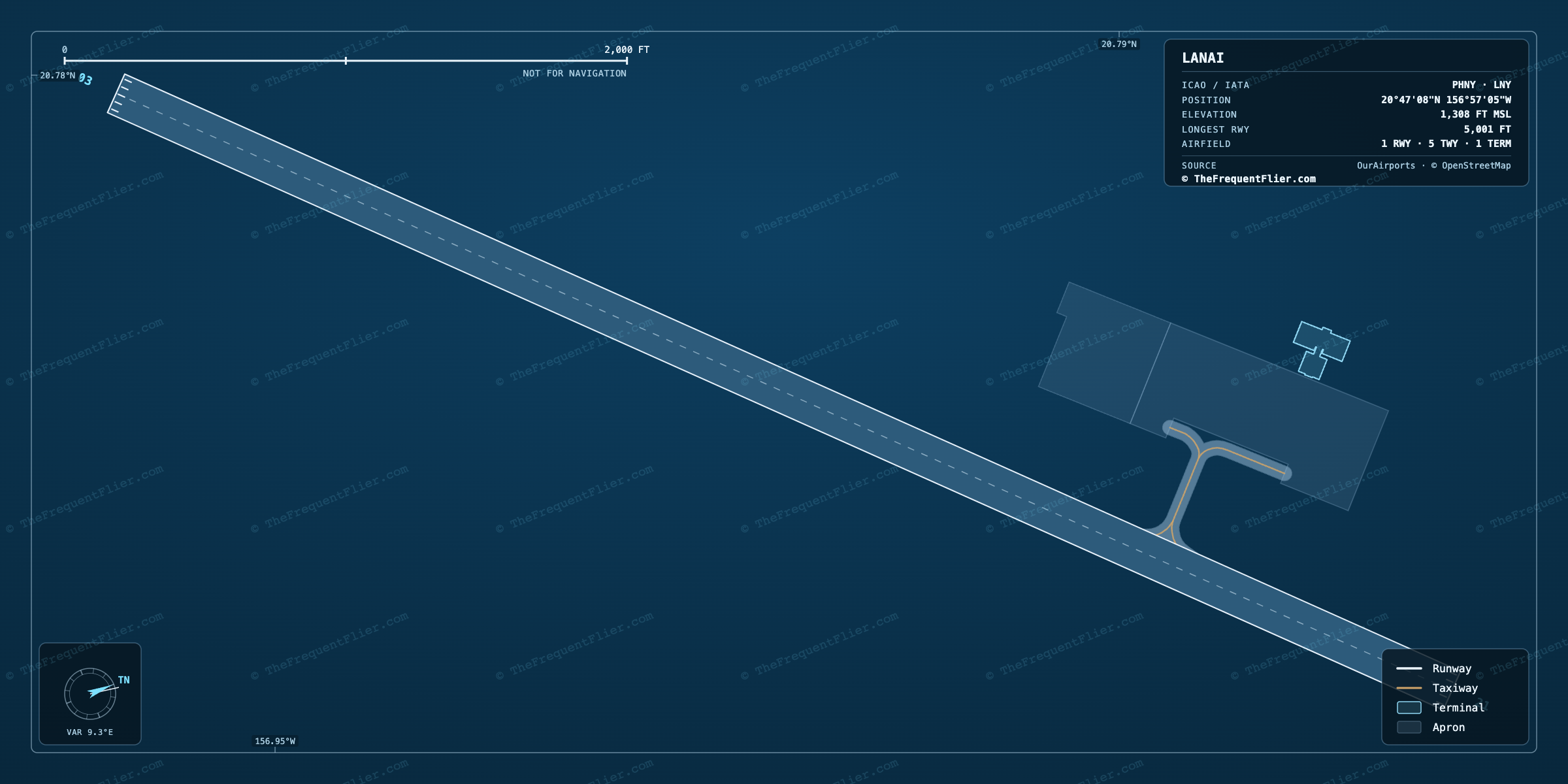 Lanai (LNY) airport diagram — runway and taxiway layout, drawn to scale