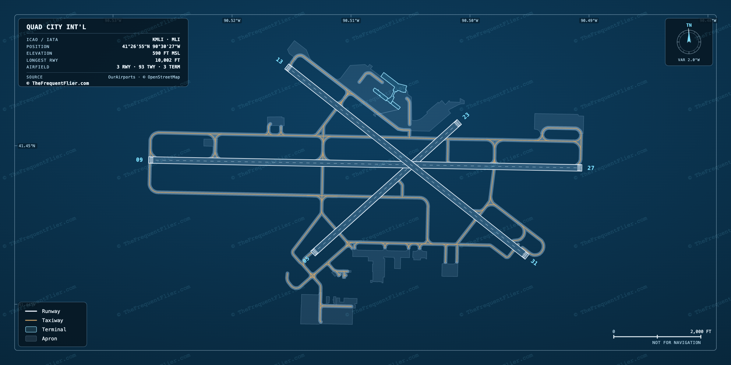 Quad City Int'l (MLI) airport diagram — runway and taxiway layout, drawn to scale