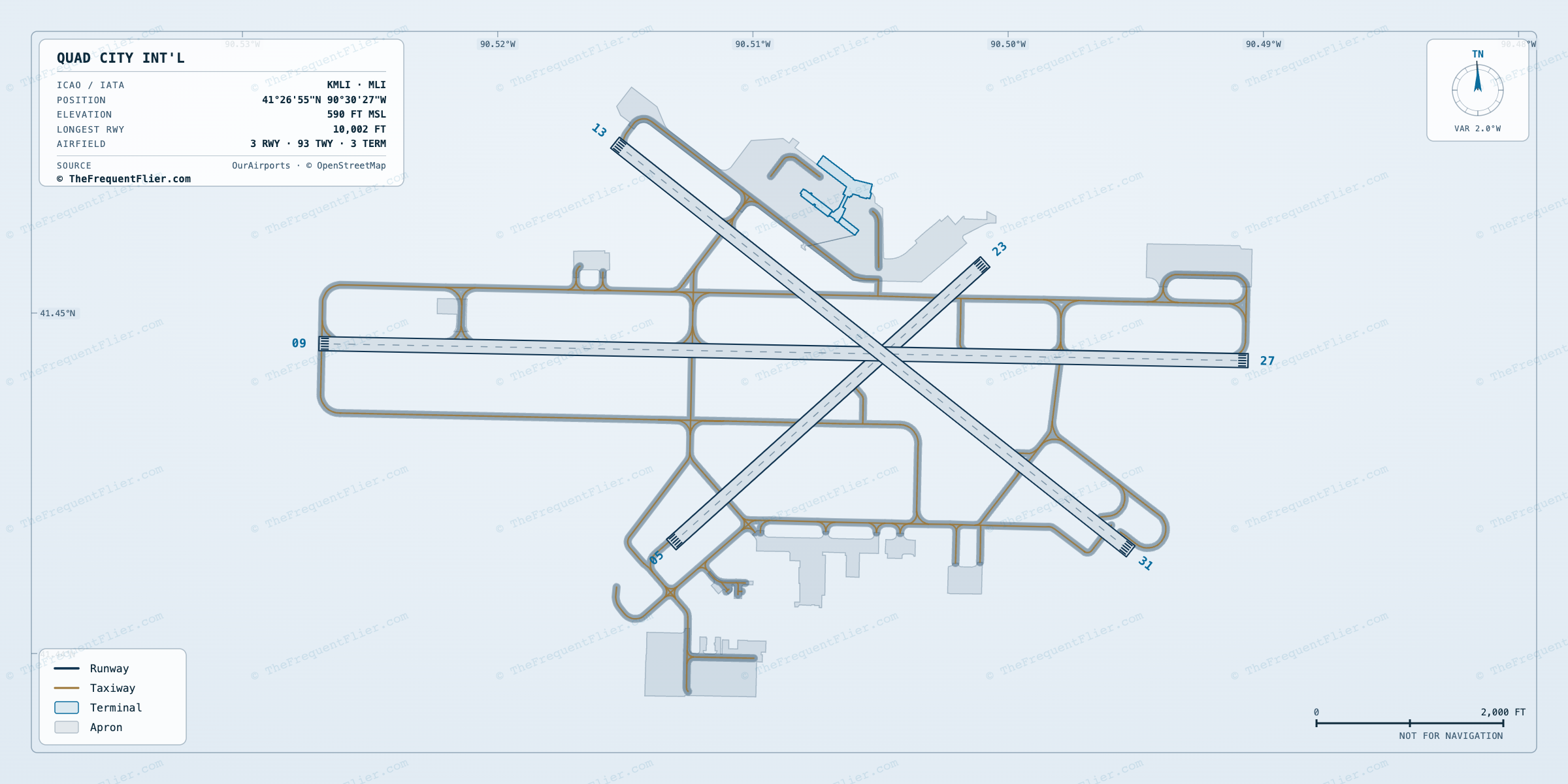 Quad City Int'l (MLI) airport diagram — runway and taxiway layout, drawn to scale
