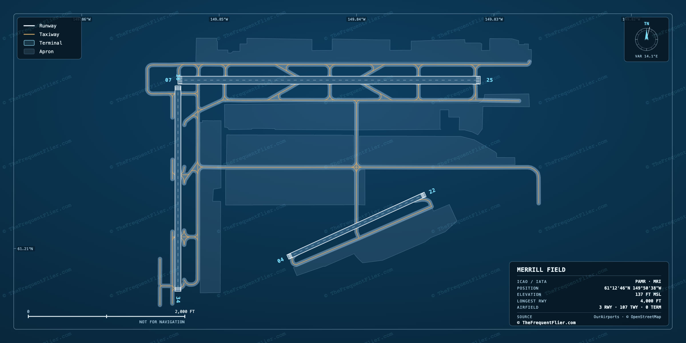 Merrill Field (MRI) airport diagram — runway and taxiway layout, drawn to scale