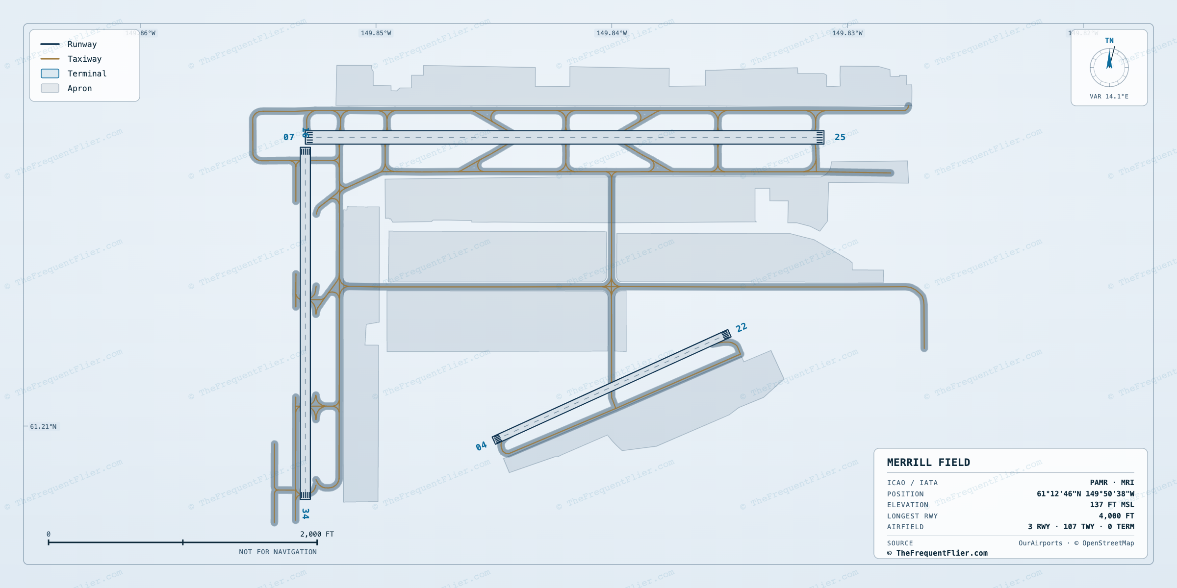 Merrill Field (MRI) airport diagram — runway and taxiway layout, drawn to scale