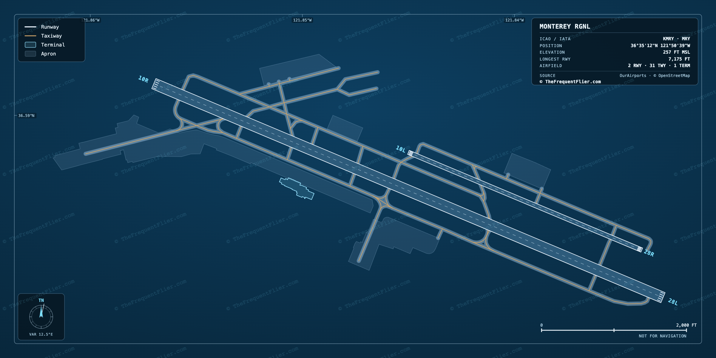 Monterey Rgnl (MRY) airport diagram — runway and taxiway layout, drawn to scale