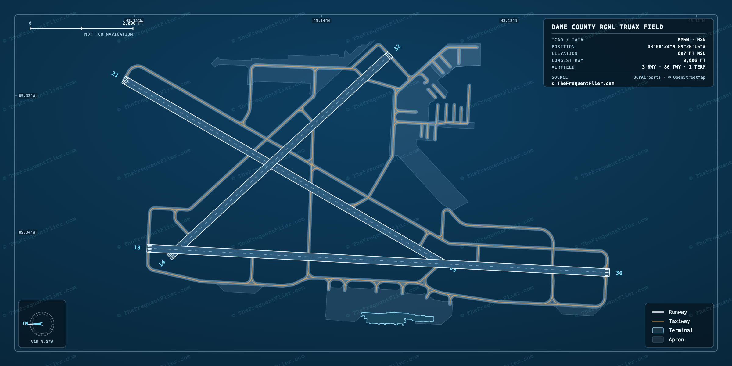 Dane County Rgnl Truax Field (MSN) airport diagram — runway and taxiway layout, drawn to scale
