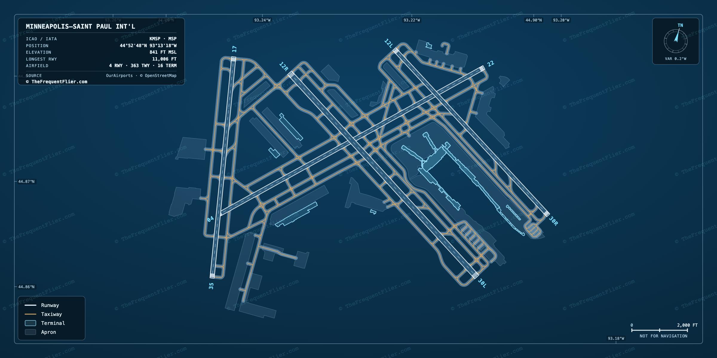 Minneapolis–Saint Paul Int'l (MSP) airport diagram — runway and taxiway layout, drawn to scale
