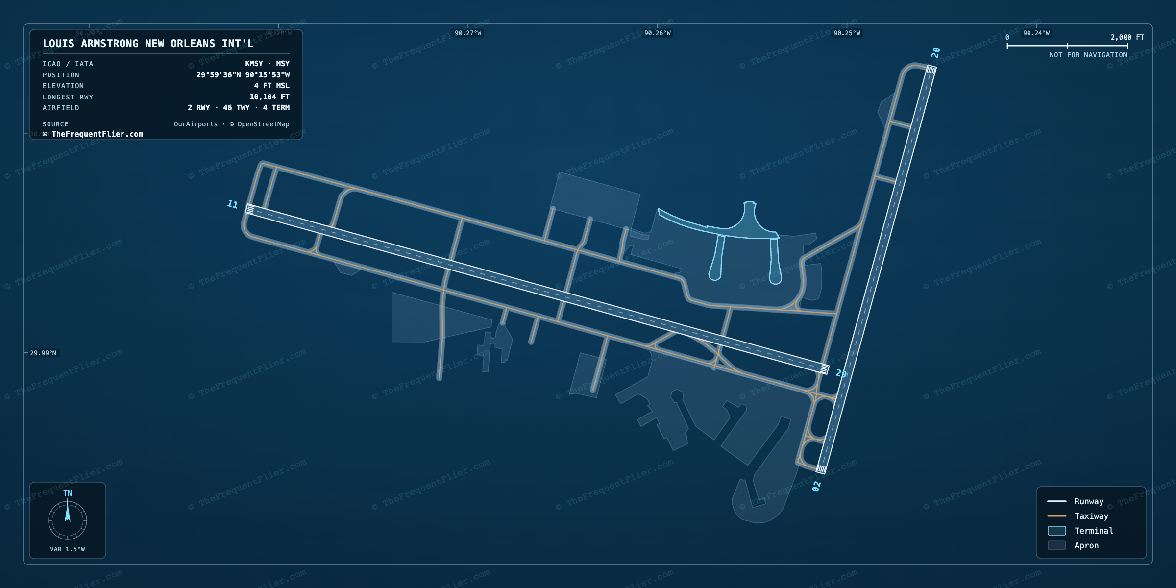 Louis Armstrong New Orleans Int'l (MSY) airport diagram — runway and taxiway layout, drawn to scale