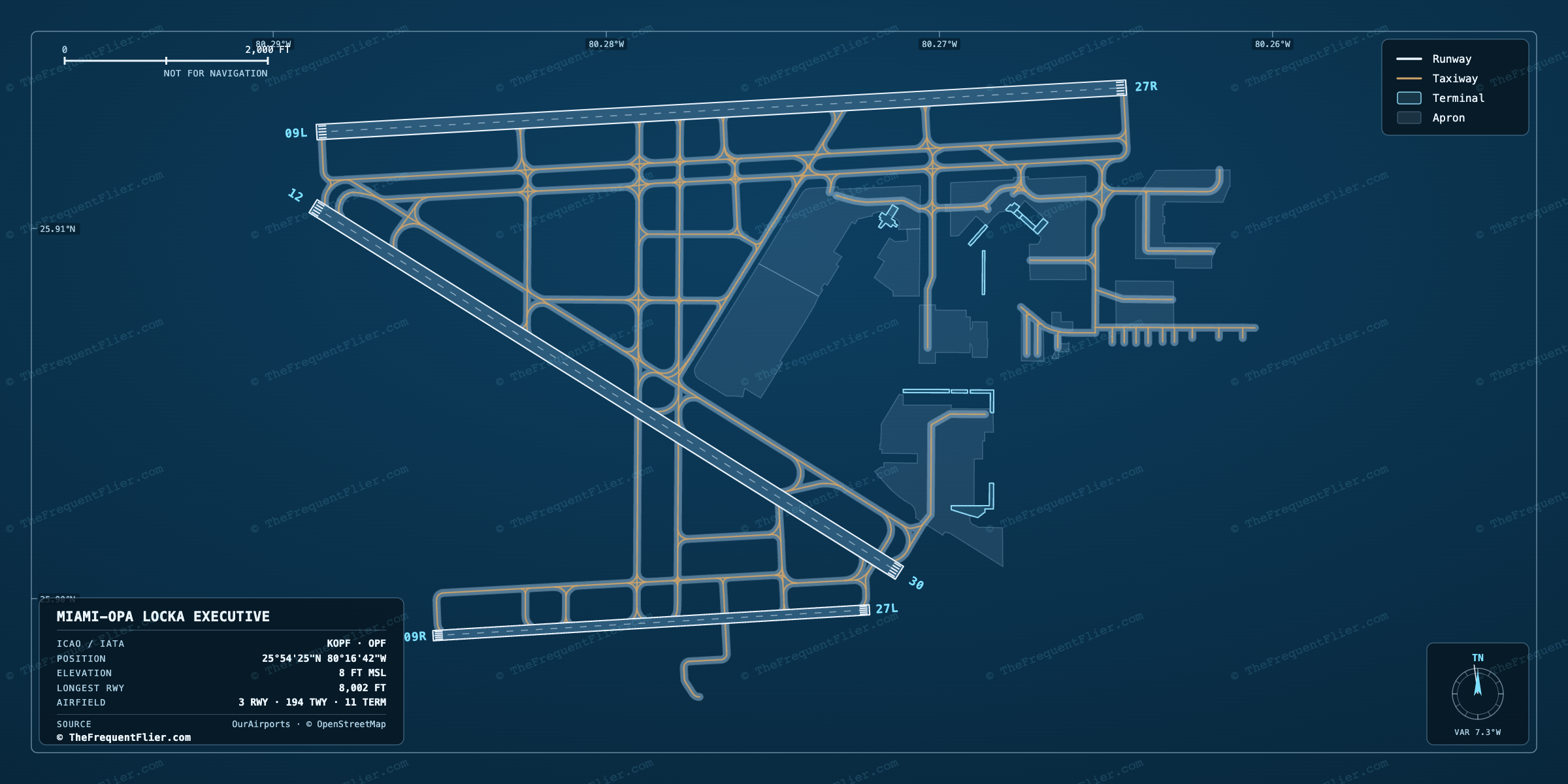 Miami-Opa Locka Executive (OPF) airport diagram — runway and taxiway layout, drawn to scale