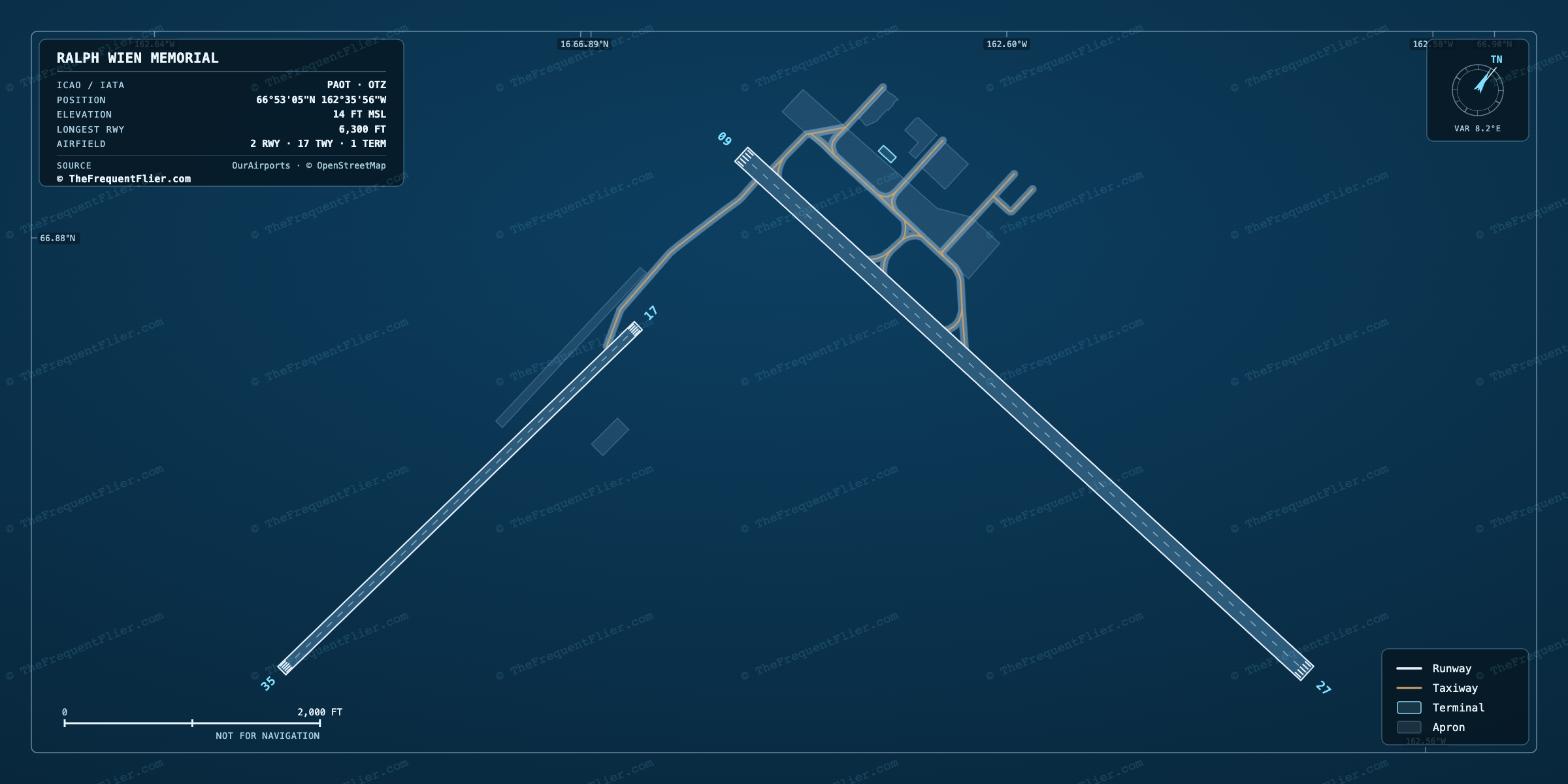 Ralph Wien Memorial (OTZ) airport diagram — runway and taxiway layout, drawn to scale
