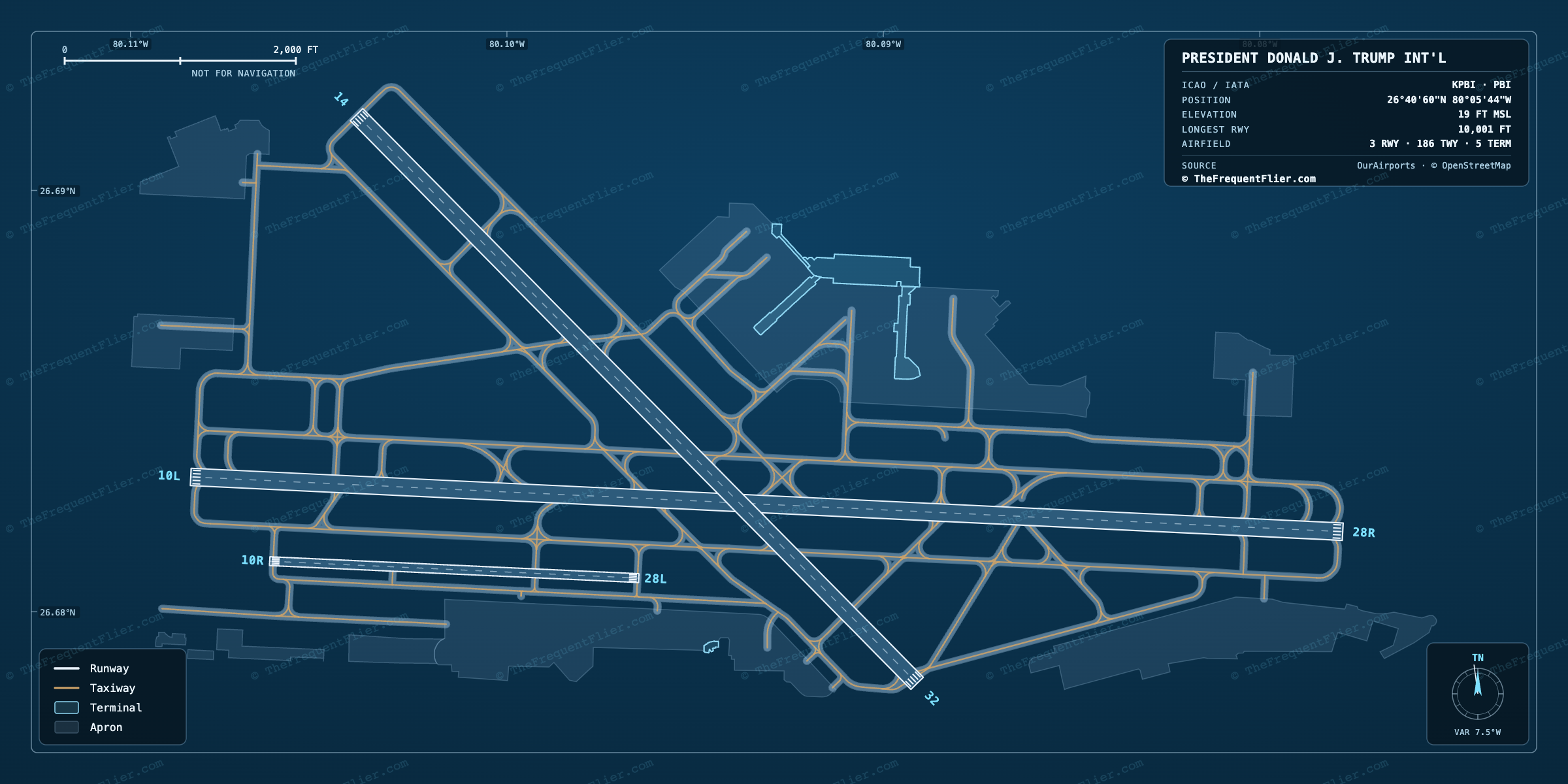 President Donald J. Trump Int'l (PBI) airport diagram — runway and taxiway layout, drawn to scale