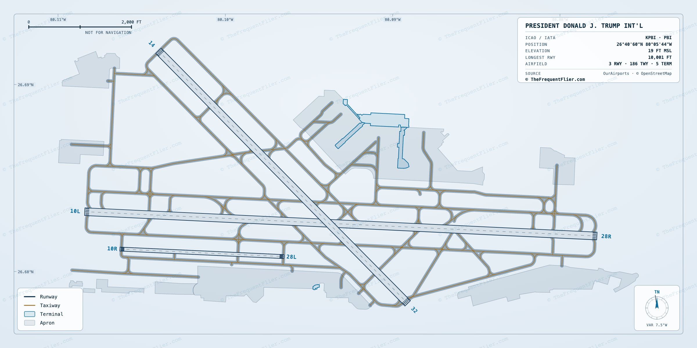President Donald J. Trump Int'l (PBI) airport diagram — runway and taxiway layout, drawn to scale