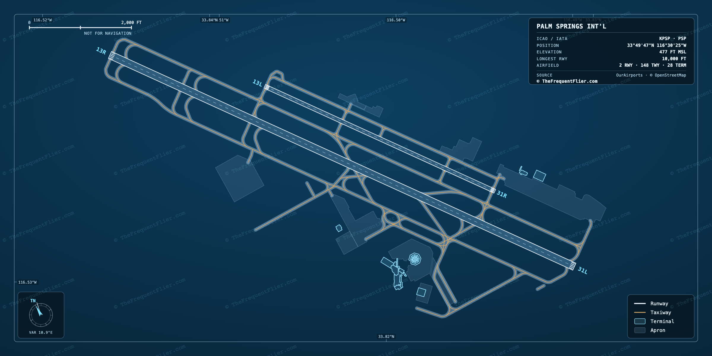 Palm Springs Int'l (PSP) airport diagram — runway and taxiway layout, drawn to scale
